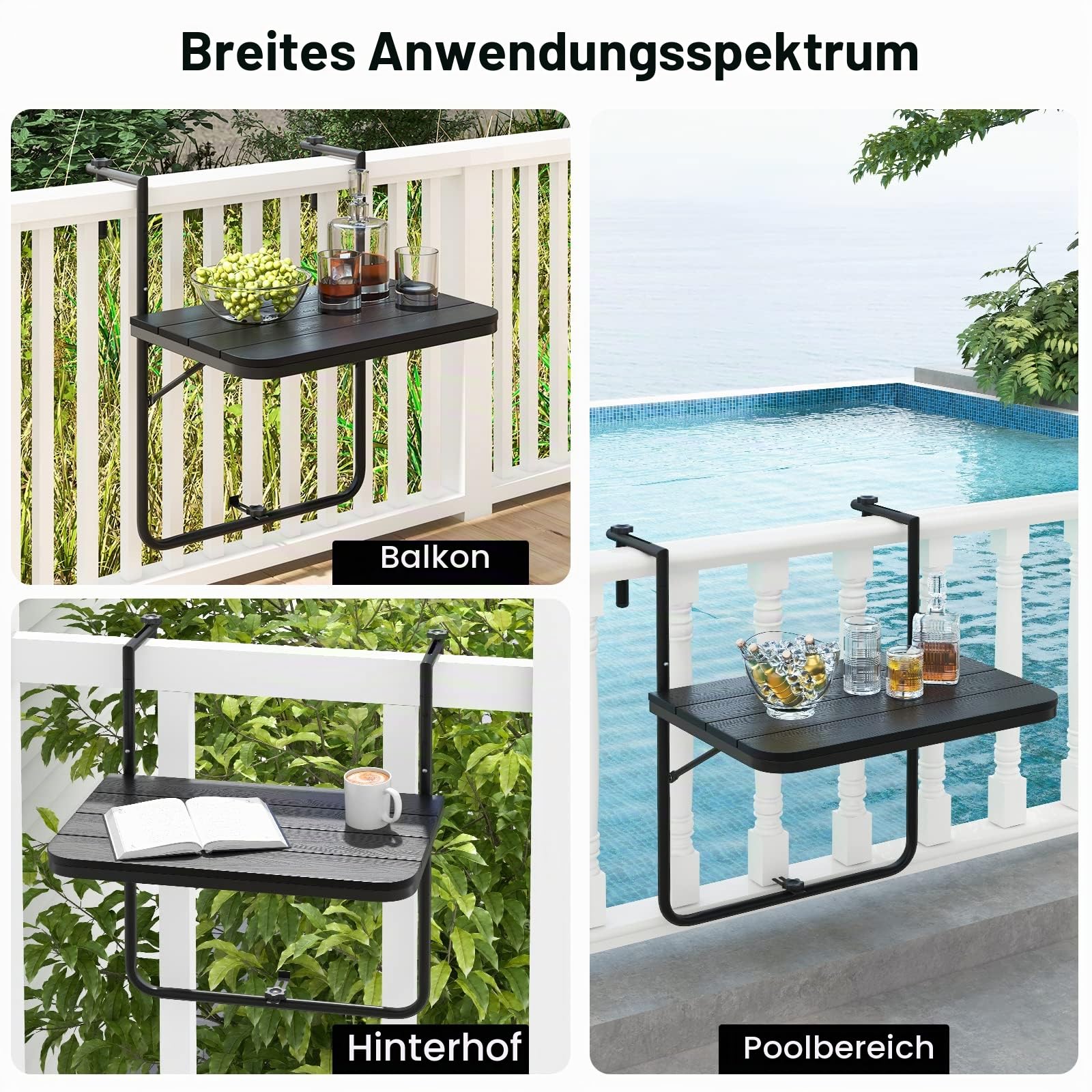 GIANTEX Balkontisch klappbar hängend, Hängetisch Klapptisch Balkon zum Einhängen, Balkonhängetisch in 3 Stufen höhenverstellbar, Gartentisch wetterfest, Hängetisch klein Outdoor-Tisch (Anthrazit)