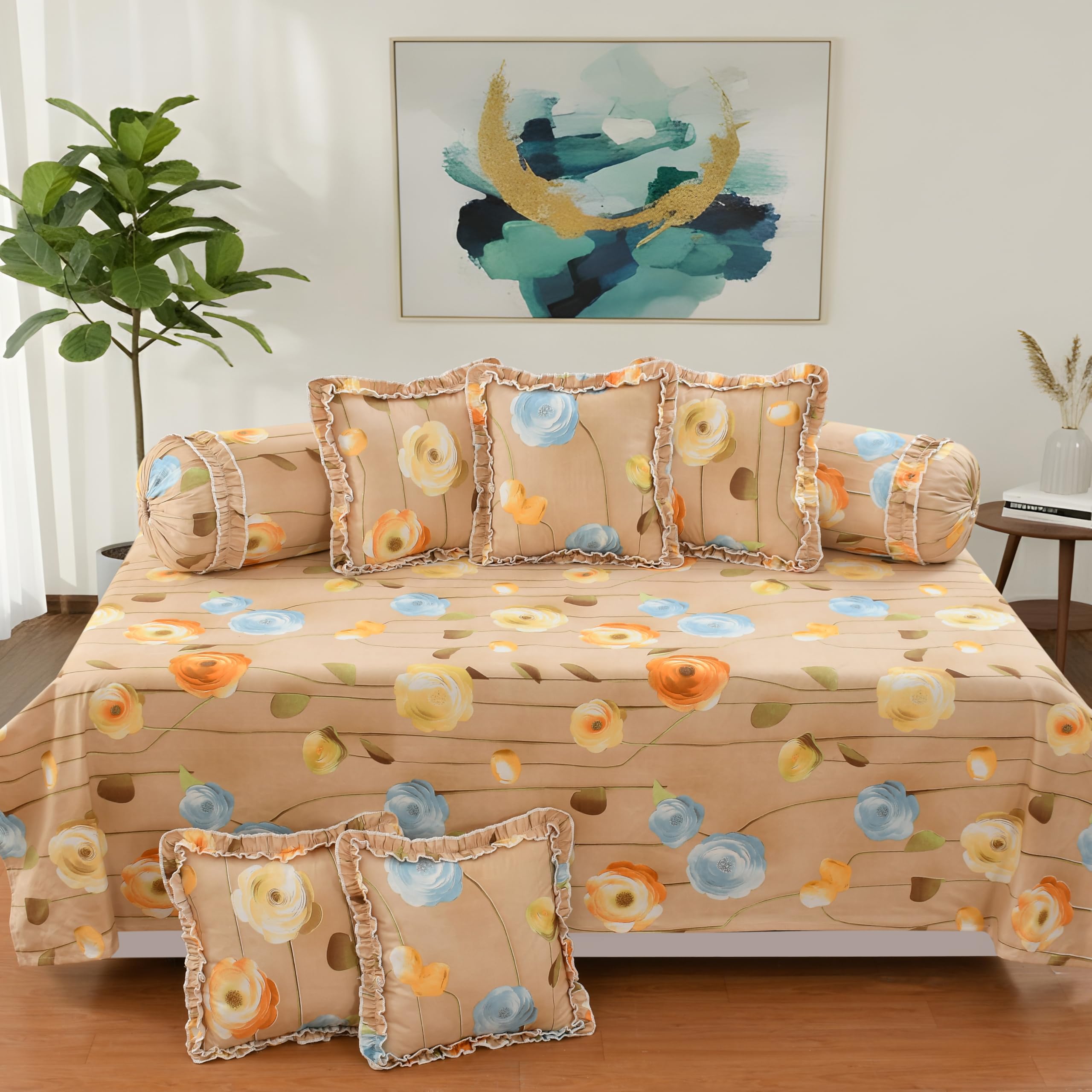 LCF Luxmi Cotton Fabric | Designer Frill Decorated 8 Piece Diwan Set (1 Flat Sheet, 2 Designer Frill Bolster Covers, 5 Designer Frill Cushion Covers) (Beige)-picture-12