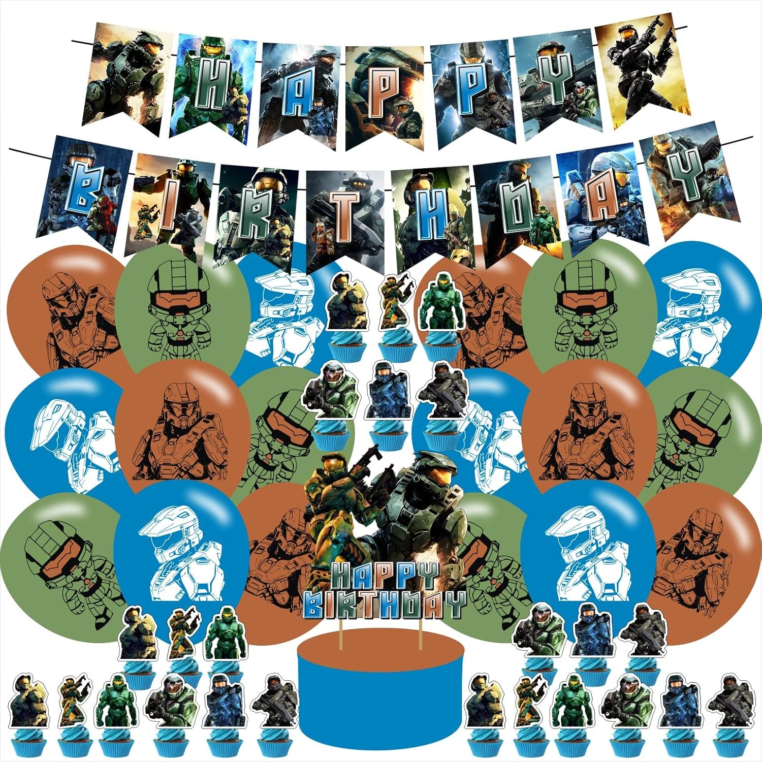 Chieftain Game Themed Birthday Party Supplies Set Happy Birthday Banner, Cake Topper, Cupcake Toppers, Balloons for Cartoon Game Kids Party Decorations