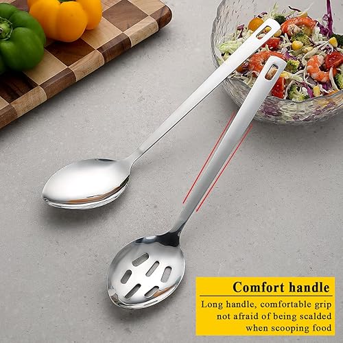 Miniatura 4 de Kyraton Juego de cucharas de cocina de acero inoxidable, cuchara sólida, cuchara ranurada, mango resistente al calor, apto para lavavajillas, fácil