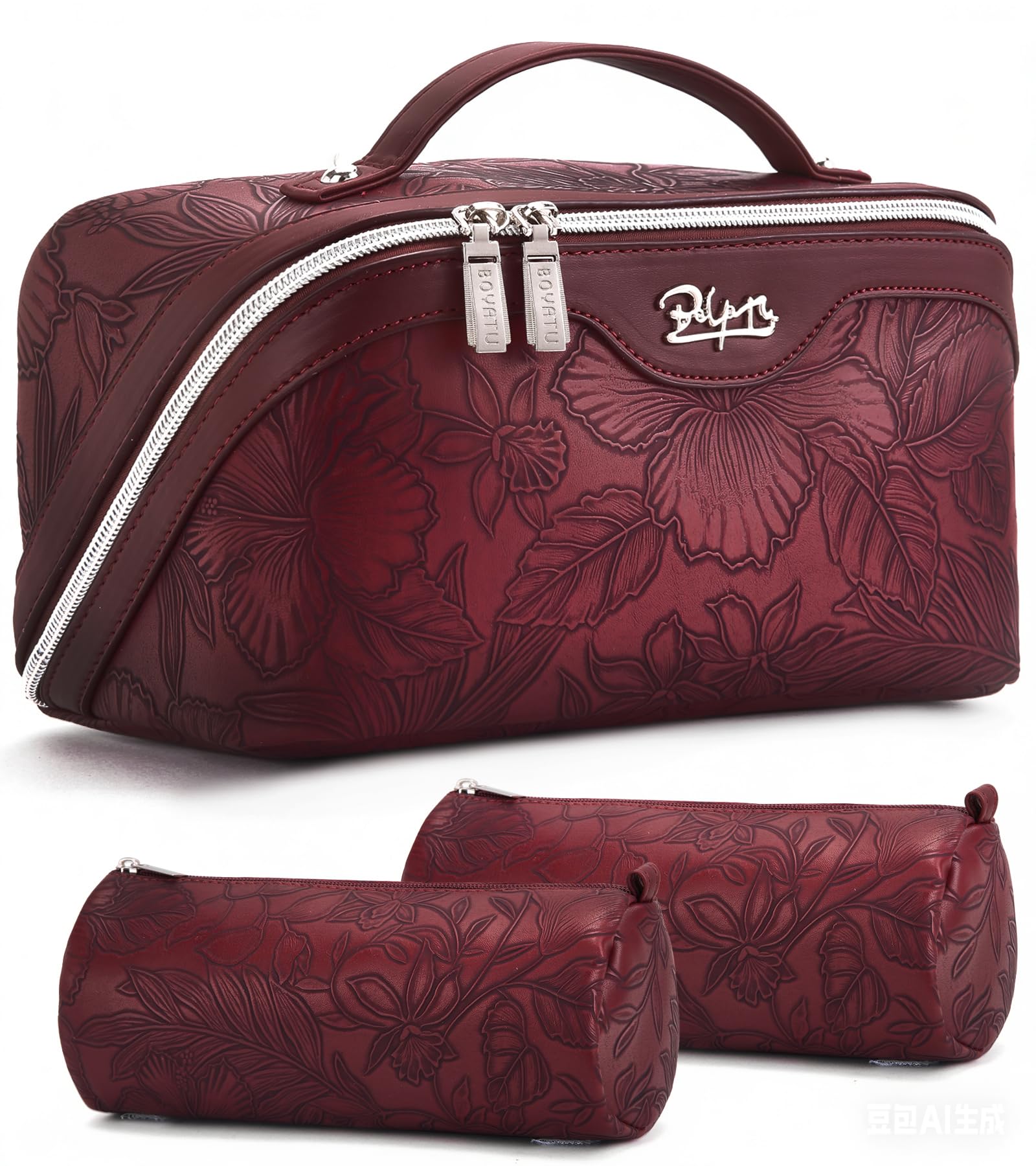 BOYATU Reise-Kosmetiktasche aus Leder für Damen, mit 2 Taschen, große Make-up-Tasche, tragbare Reise-Make-up-Tasche für Damen, Make-up-Organizer-Tasche