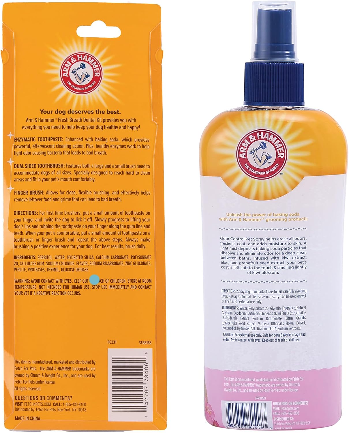Arm & Hammer Dog Care Bundle | Fresh Breath Enzymatic Dental Kit with Toothbrush & Chicken Toothpaste (2.5 oz) + Super Deodorizing Spray for Dogs, Kiwi Blossom Scent (8 oz)