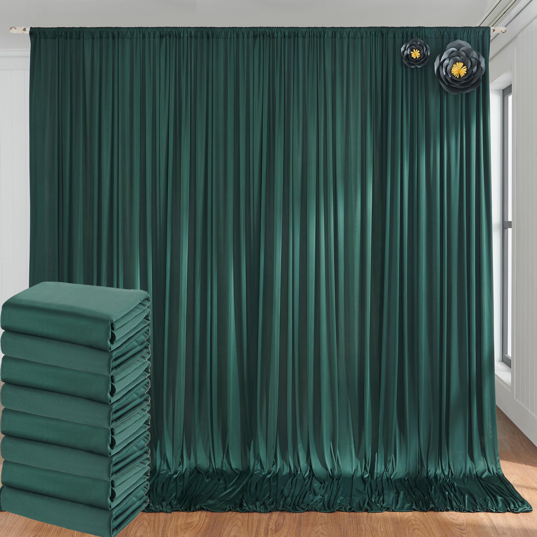 40ft x 10ft Wrinkle Free Hunter Green Backdrop Curtains for Parties, 8 Panels Polyester Green Photo Backdrop Drapes for Wedding Jungle Birthday Party Photography Background Stand