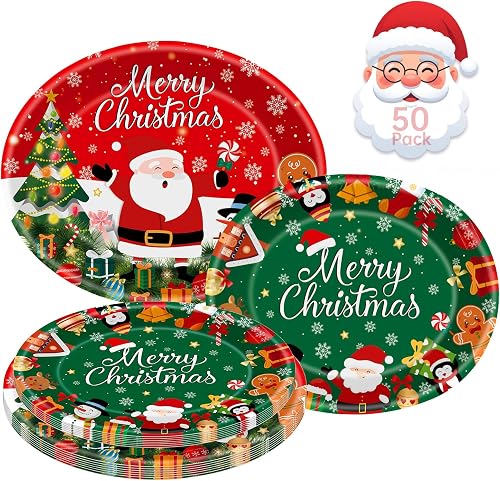 50 Pcs Christmas Oval Paper Plates - Disposable Red Green Santa Claus Snowmen Dinner Plate, Merry Christmas Plates Dinnerware Set for Xmas Winter Holiday Party Table Decorations Supplies Favor
