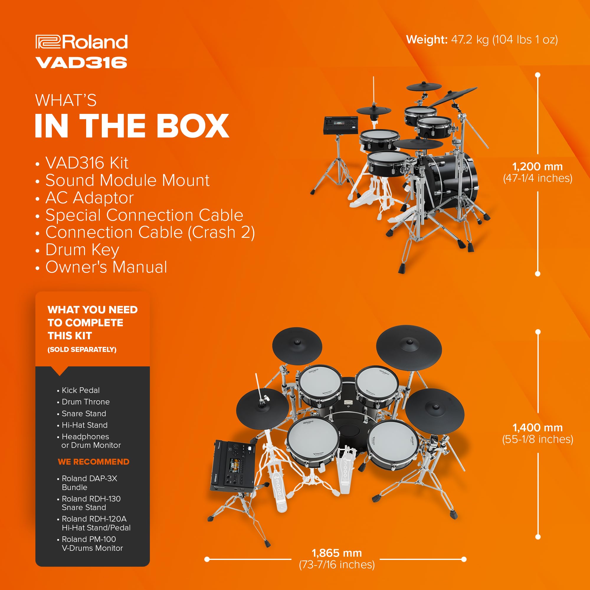 Roland VAD316 V-Drums - Kit batteria a V con design acustico serie 3 a 5 pezzi | Modulo audio V31 | Tecnologia audio avanzata | Conchiglie in legno a bassa profondità e tamburo di dimensioni