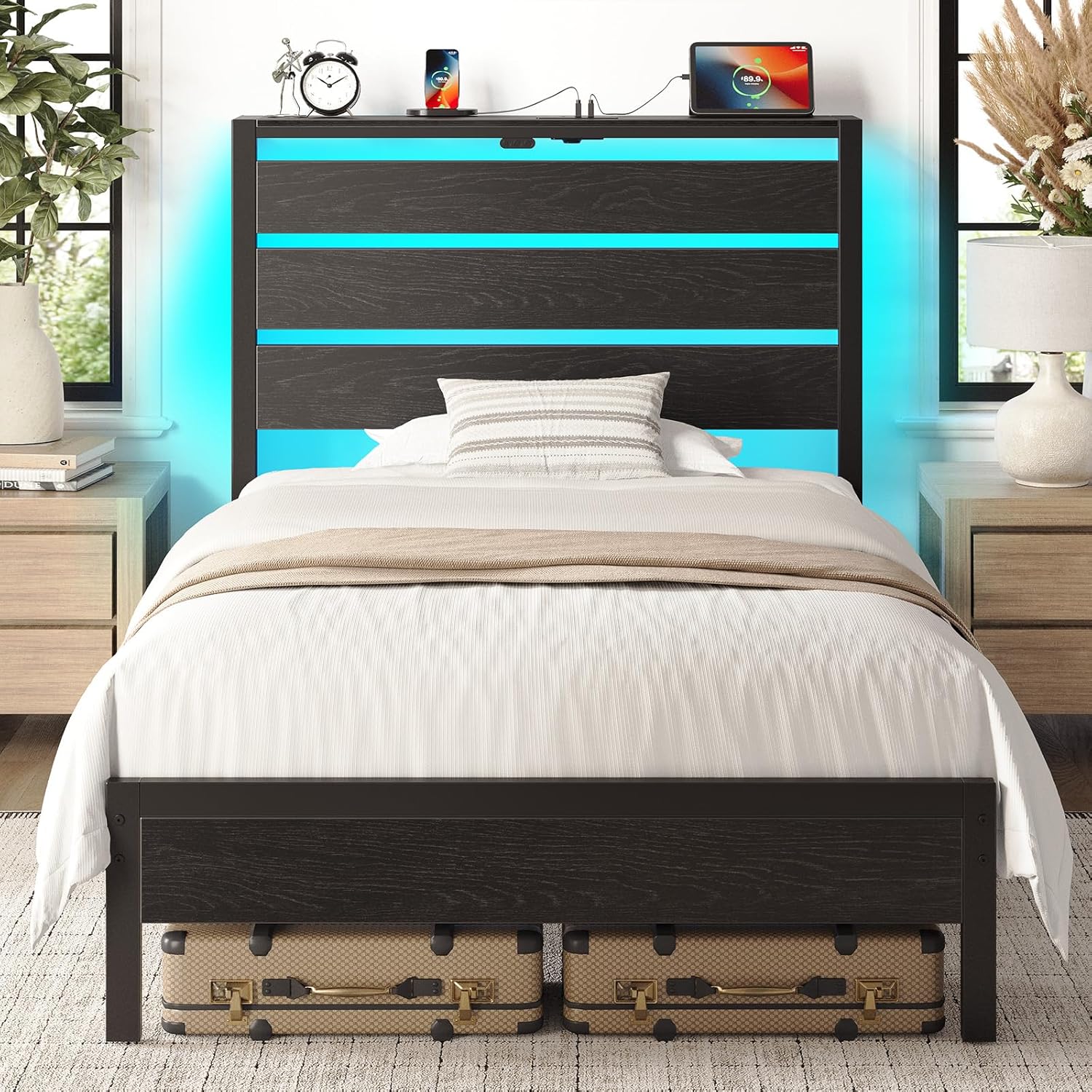 Rolanstar Twin Bed Frame with LED Lights and Charging Station, Wood Storage Headboard and Under Bed Storage, Metal Platform Bed, Easy Assembly, No Box Spring Needed, Balck Oak