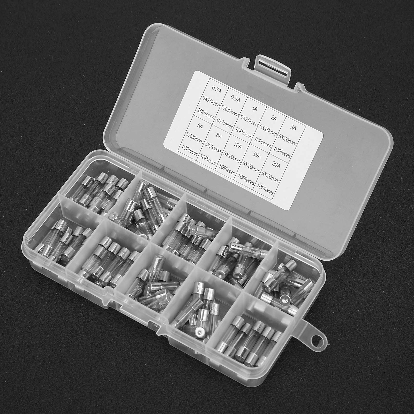 100 Szt. Bezpiecznik Szklany 5x20mm 0.2/0.5/1/2/3/5/8/10/15/20AMP ​​zestaw Bezpieczników Szklanych Różne Materiały Przemysłowe o Silnych Właściwościach Mechanicznych