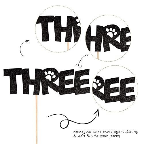 Miniatura 3 de 1 pieza de decoración de tres pasteles con purpurina negra con pata de perro de 3 años de edad, decoración para cachorros, perros, Let's Pawty para