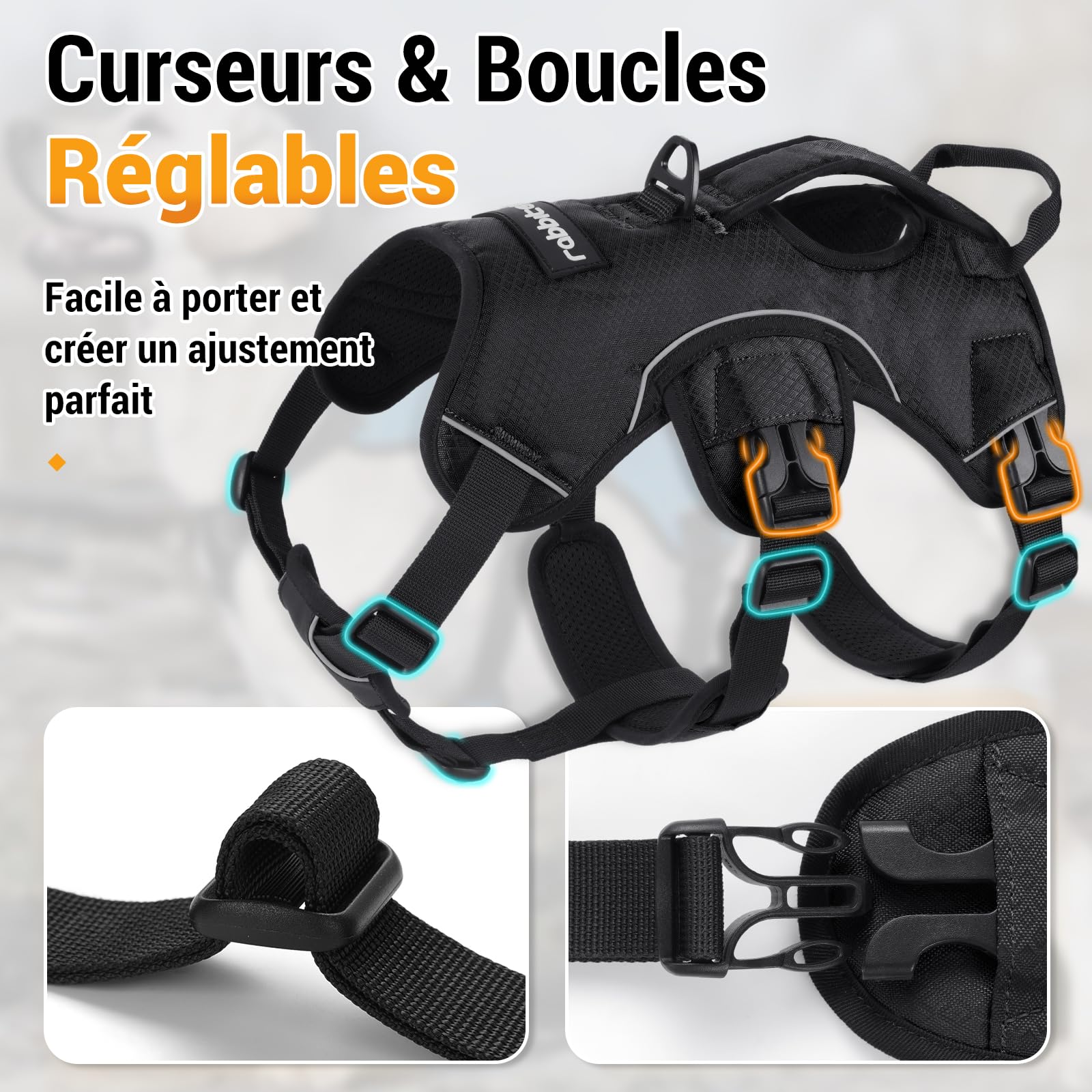 rabbitgoo Harnais pour Chien avec Poignée de Levage,Harnais Réglables pour Animaux de Compagnie Facile à Contrôler,Gilet pour Chien Réfléchissant pour Chiens de Taille Grande M, Noir