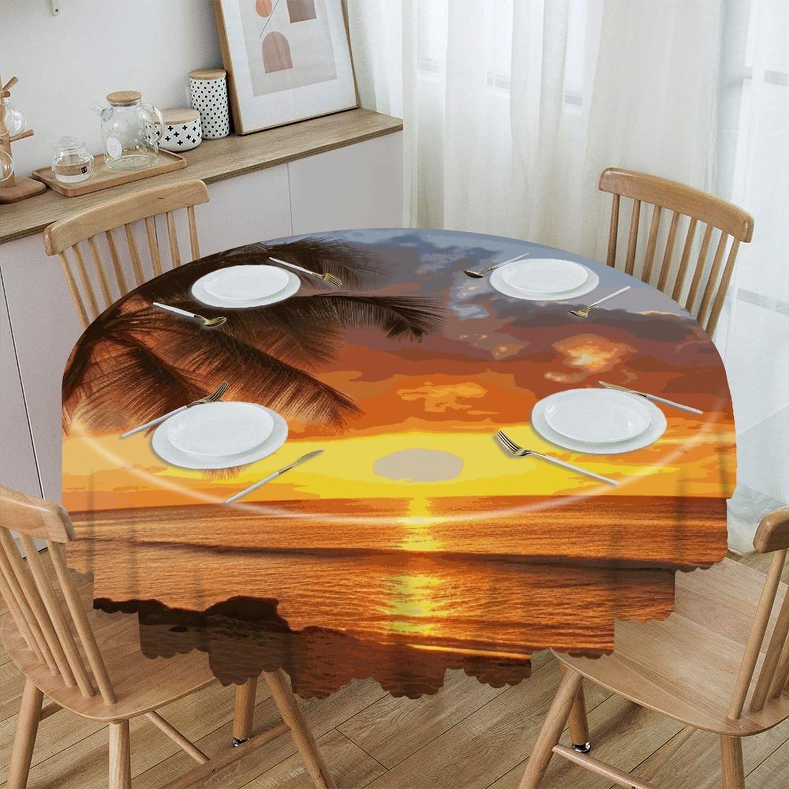 FekiLoot Sunset Hawaiian Palm Tree Round Tablecloth 60 Inch Waterproof Heavy Duty Table Cloth Spillproof Washable Table Cover Wrinkle Resistant Tablecloths Decorative Table Cloths