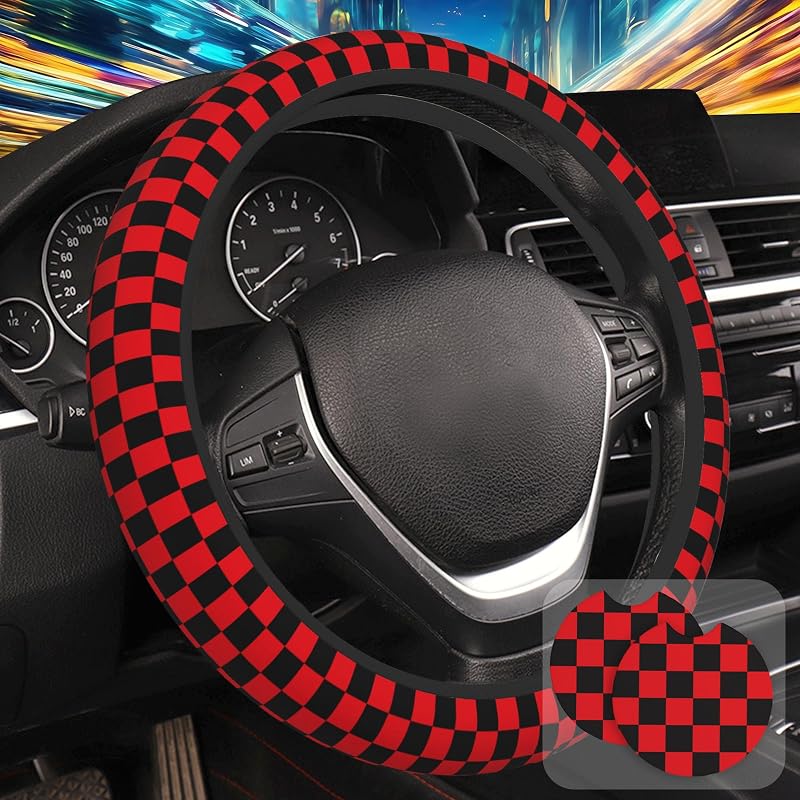 Capa para Volante Preta e Vermelha em Neoprene com Padrão Xadrez para Volante de 38,1 cm, com 2 Porta-Copos, Mutziby, 3 Peças