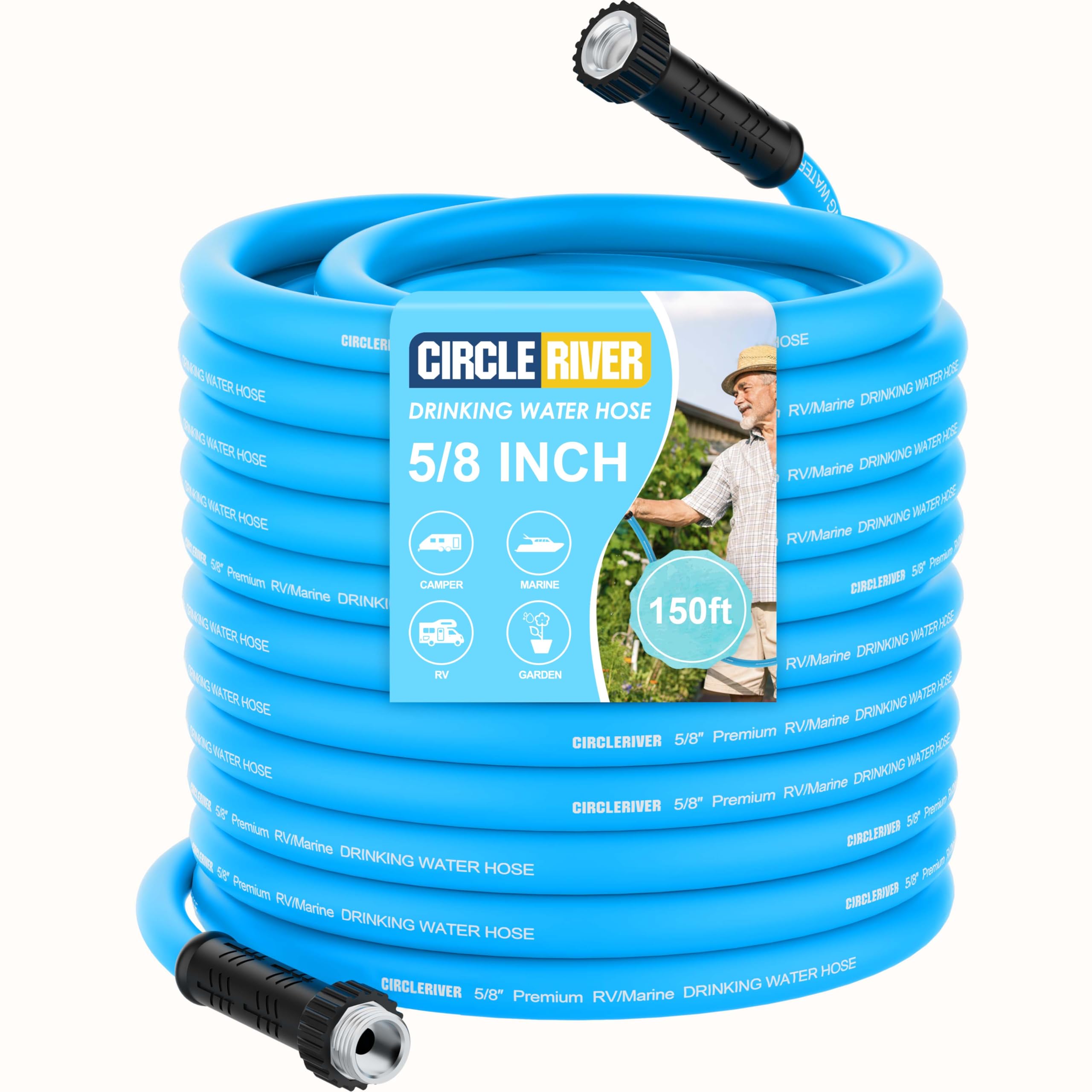 CircleRiver RV Water Hose 150FT, 5/8" Premium RV Drinking Water Hose for RV, Camping, Marine, Trailer and Truck, BPA Free, Anti-Kink and Leak-Free,
