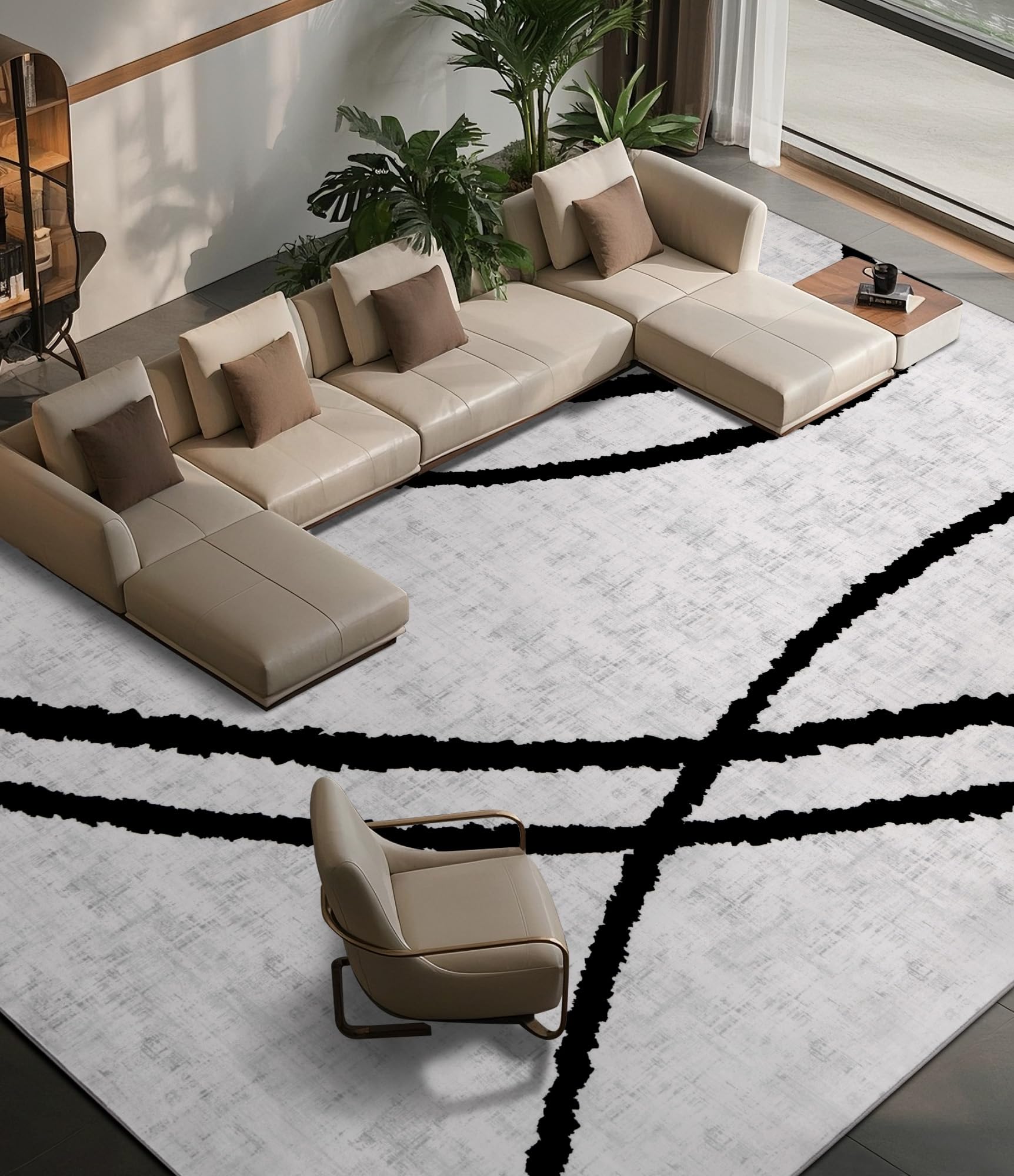YIHOUSE Modern Area Rugs for Living Room, 9x12 Washable Black and White Rug, Thin Abstract Geometric Striped Rug, Area Rug for Bedroom,Kitchen,Dining