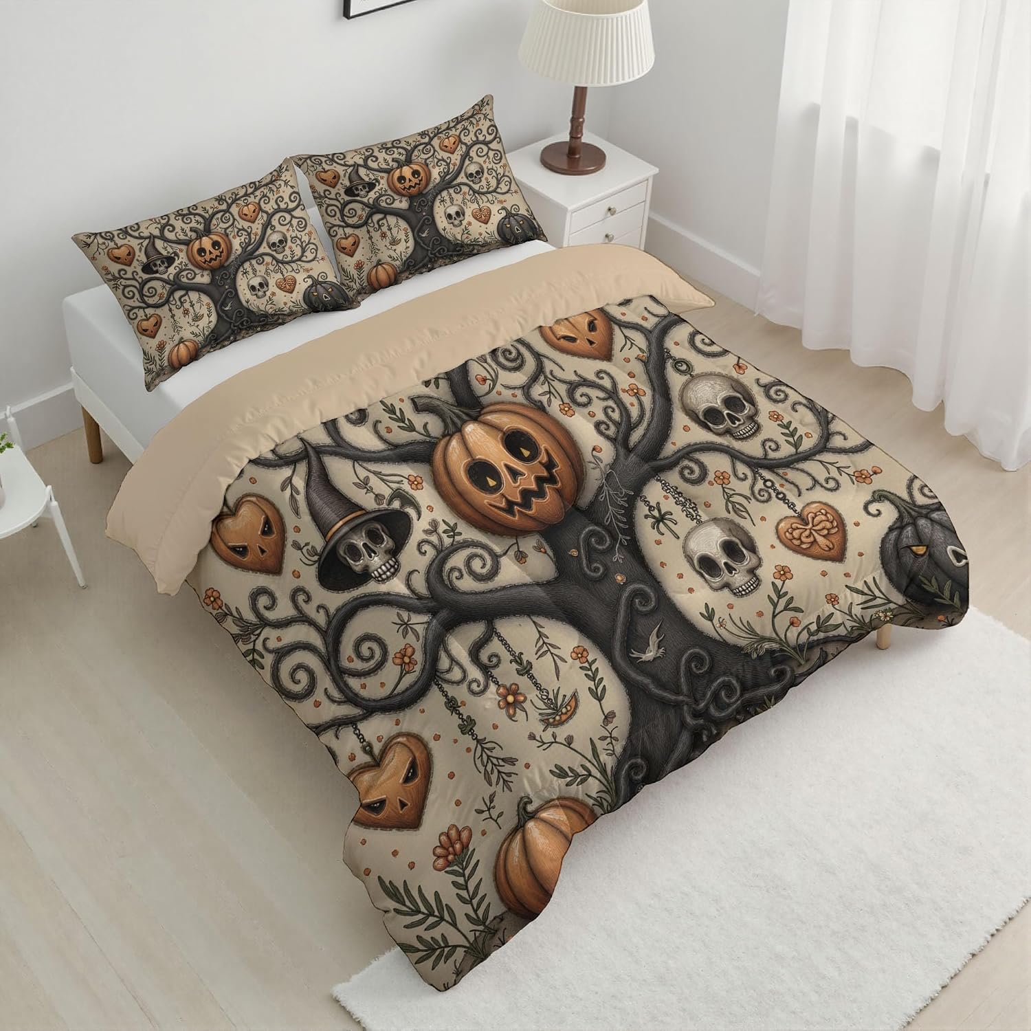 Gothic Branches Comforter Set Full Size, Strange Trees Bedding Set for Teens Adults Room, Cream Soft 80" x 90" Quilt with 2 Pillow Cases, Lightweight Cream Quilt for All Season