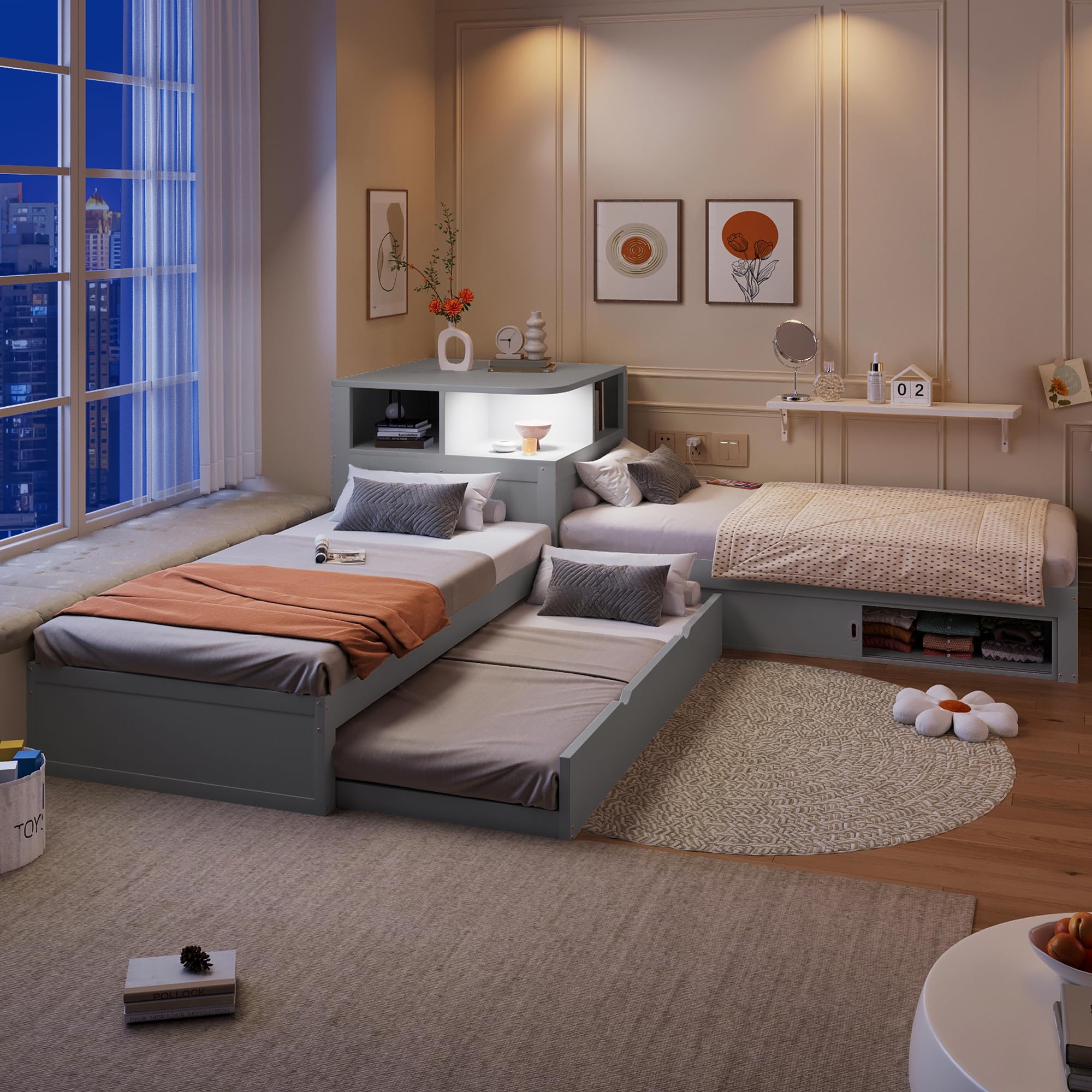 Cama Nido 90x200 con Respaldo en Forma de L Cama Canapé Madera de Pino Single Bed con Almacenamiento Integrado Estructura Angular de Plataforma en L para Estudio Gris