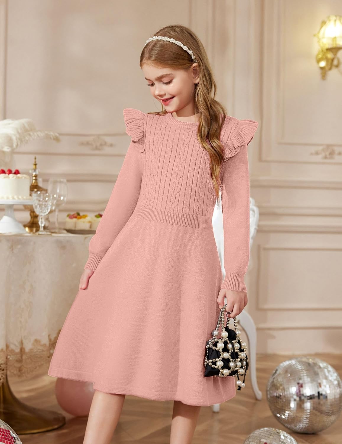 Arshiner Girls Sweater Dress Fall Winter Lantern Long Sleeve Cable Knit Pullover Midi Dresses - Image 3