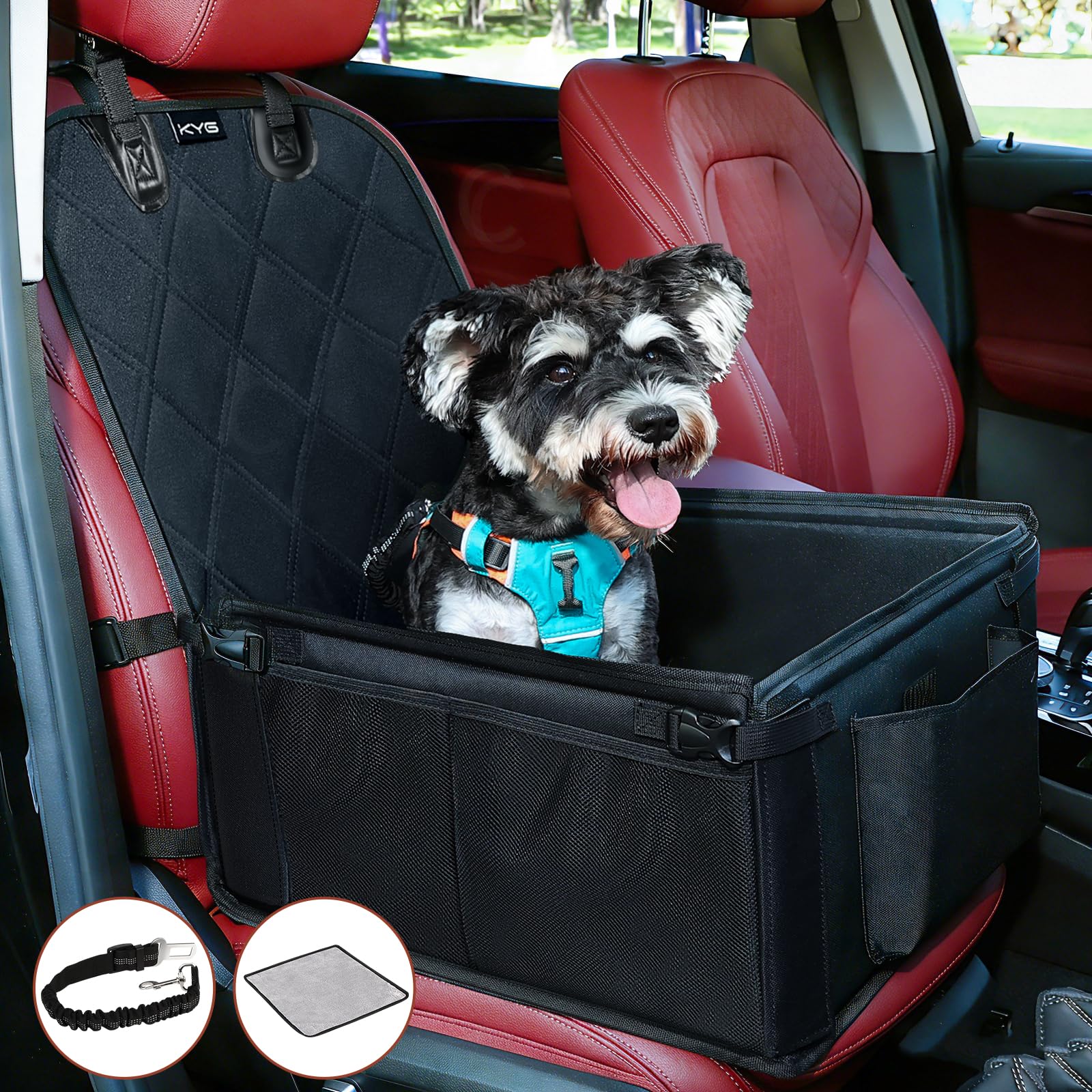 KYG Asiento de coche para perros – particularmente estable, impermeable, antideslizante y resistente a los arañazos para perros de talla pequeña – para pasajero y asiento trasero (negro)