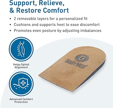 BodyMed Adjustable Heel Lift for Men and Woman, Small (1-Pack) - Non-Slip Orthopedic Insert for Leg Length Discrepancies with 3 Removable 1/8 in. Layers