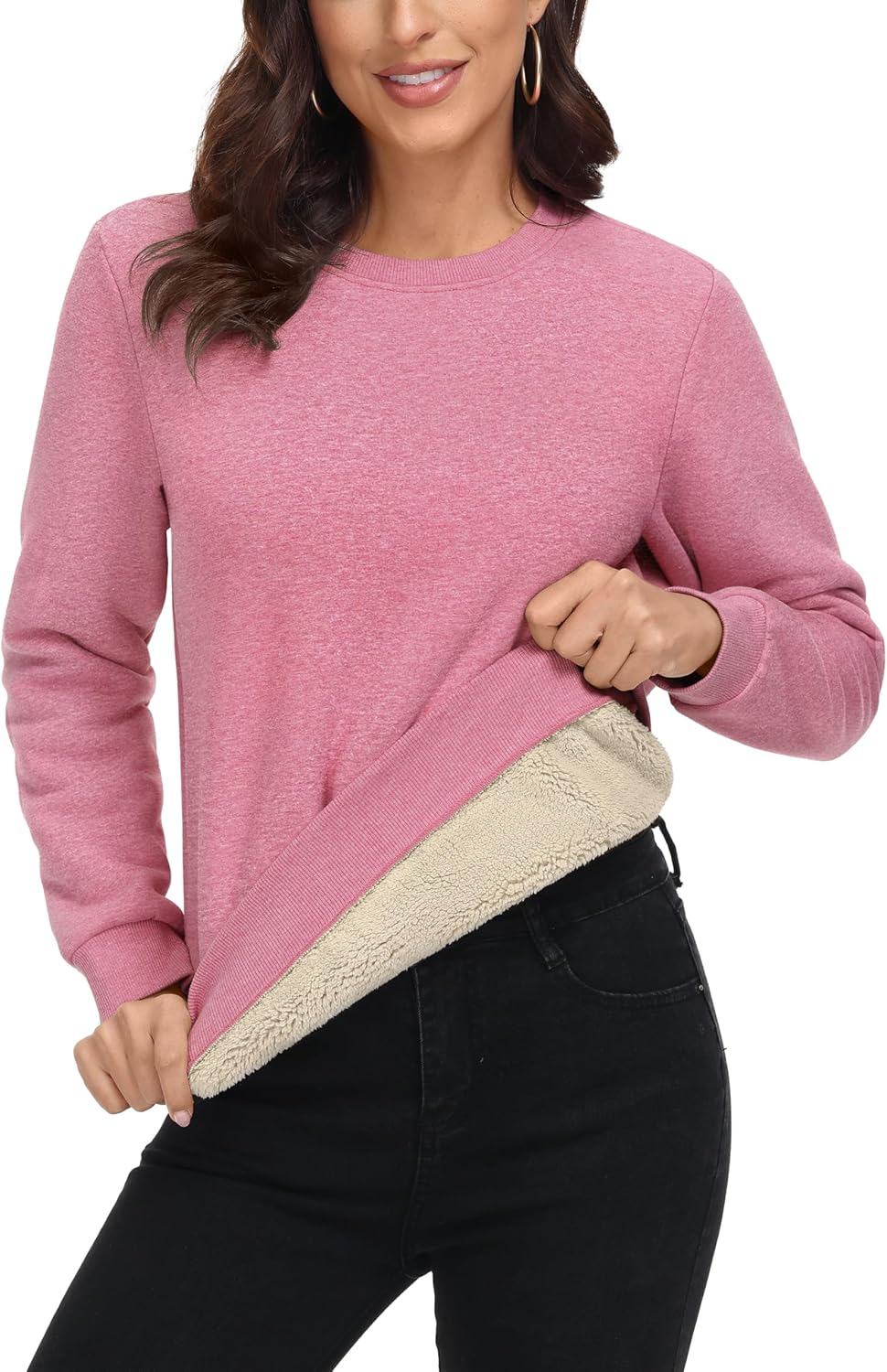 MAGCOMSEN Women's Sherpa Lined Sweatshirts Thermal Casual Crewneck Fleece Pullover Winter Warm Thick Tops