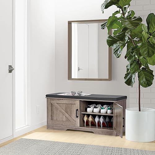 Miniatura 2 de Banco de almacenamiento de 2 niveles, banco de zapatos con cojín de asiento acolchado, banco de entrada con 2 puertas de granero, estante ajustable,