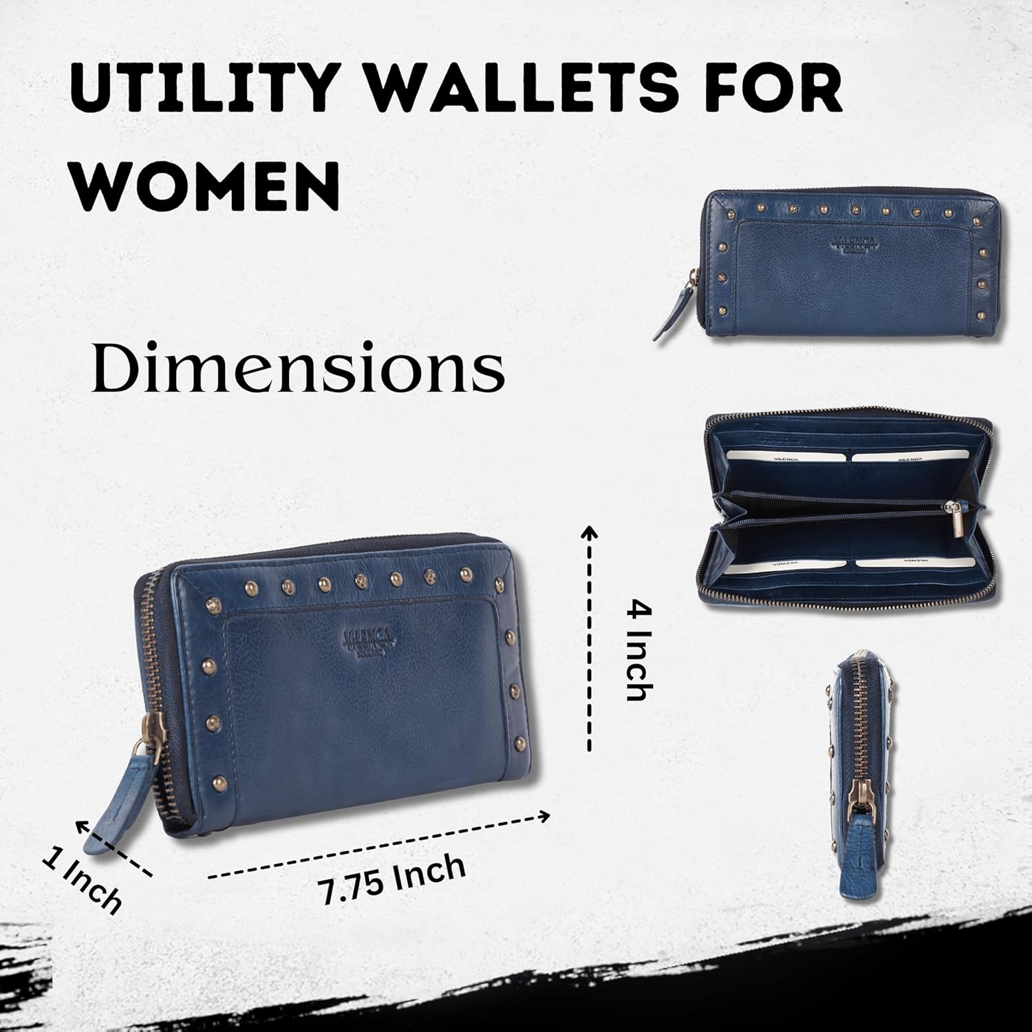 Vintage Genuine Italian Leather Boho Studded Wallet – Zipper Coin Purse & Credit Card Holder for Women (Navy) - Image 3