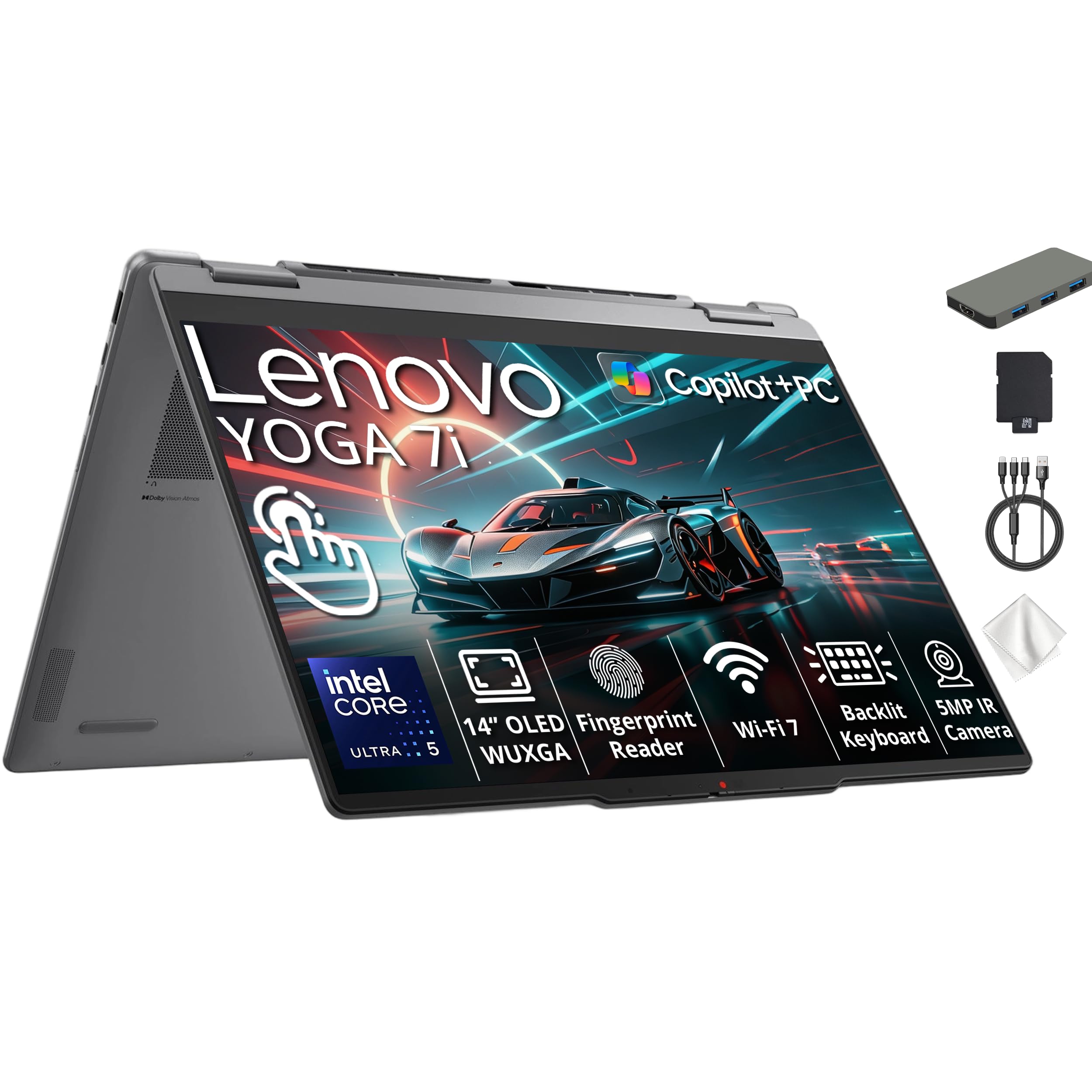 Yoga 7i 2-in-1 14" 2K OLED Touch Laptop, Intel Core Ultra 5 322, Intel Graphics, 16GB RAM, 1.5TB Storage (512GB SSD+1TB Docking Station), Backlit Keyboard, Fingerprint, Win 11 Home, Luna Grey