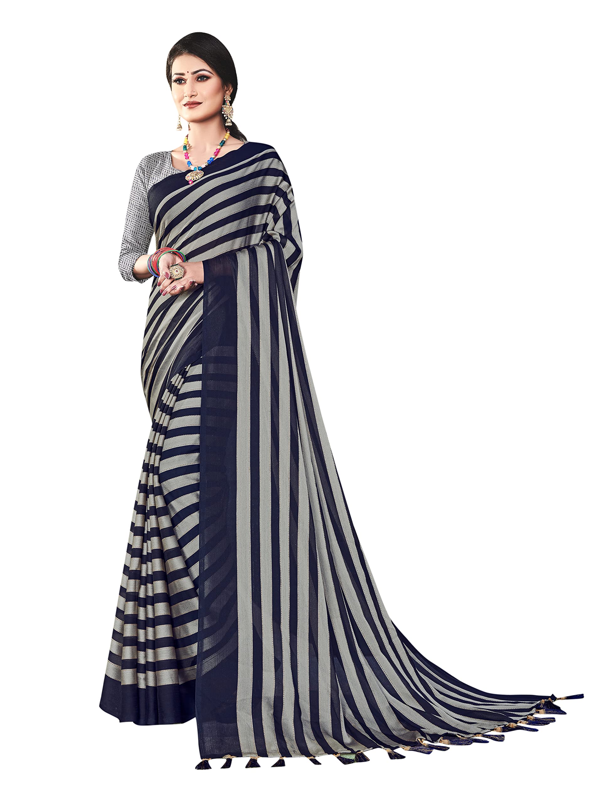 Triveni Sarees Pure Chiffon Striped Saree -Triveni_FIRANGI 11825, Grey & Navy Blue, 5.5m