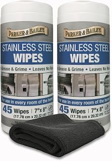 Parker & Bailey Stainless Steel Cleaner Wipes – (2) 45 Count Pre-Moistened Wipes with Microfiber Cloth, Streak-Free Shine, Removes Grease & Grime, Safe for Appliances, Refrigerators, Ovens & Grills