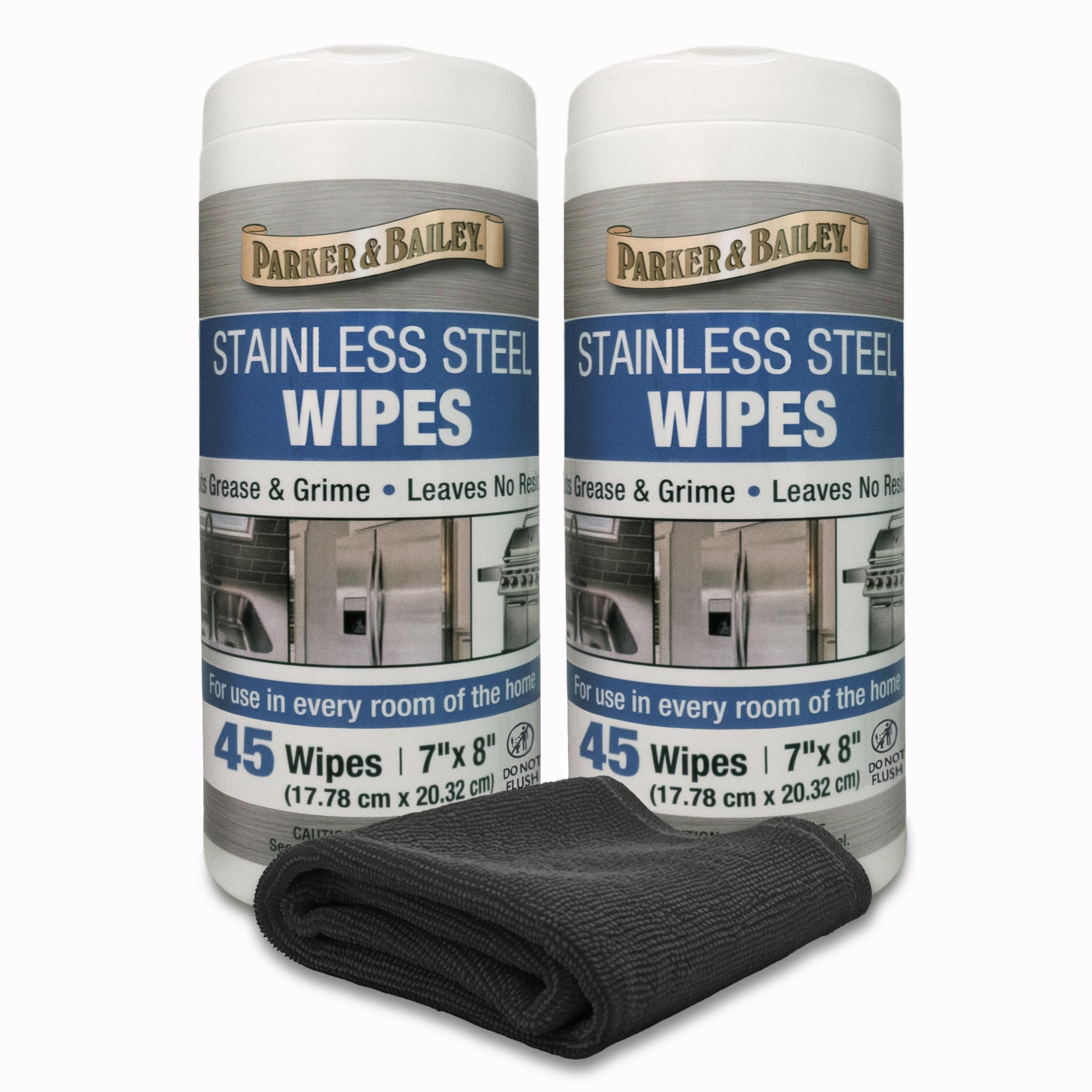 Parker & Bailey Salviette detergenti in acciaio inox – (2) 45 salviette pre-umidificate, lucentezza senza striature, rimuove grasso e sporcizia, senza residui, sicure per elettrodomestici, frigoriferi