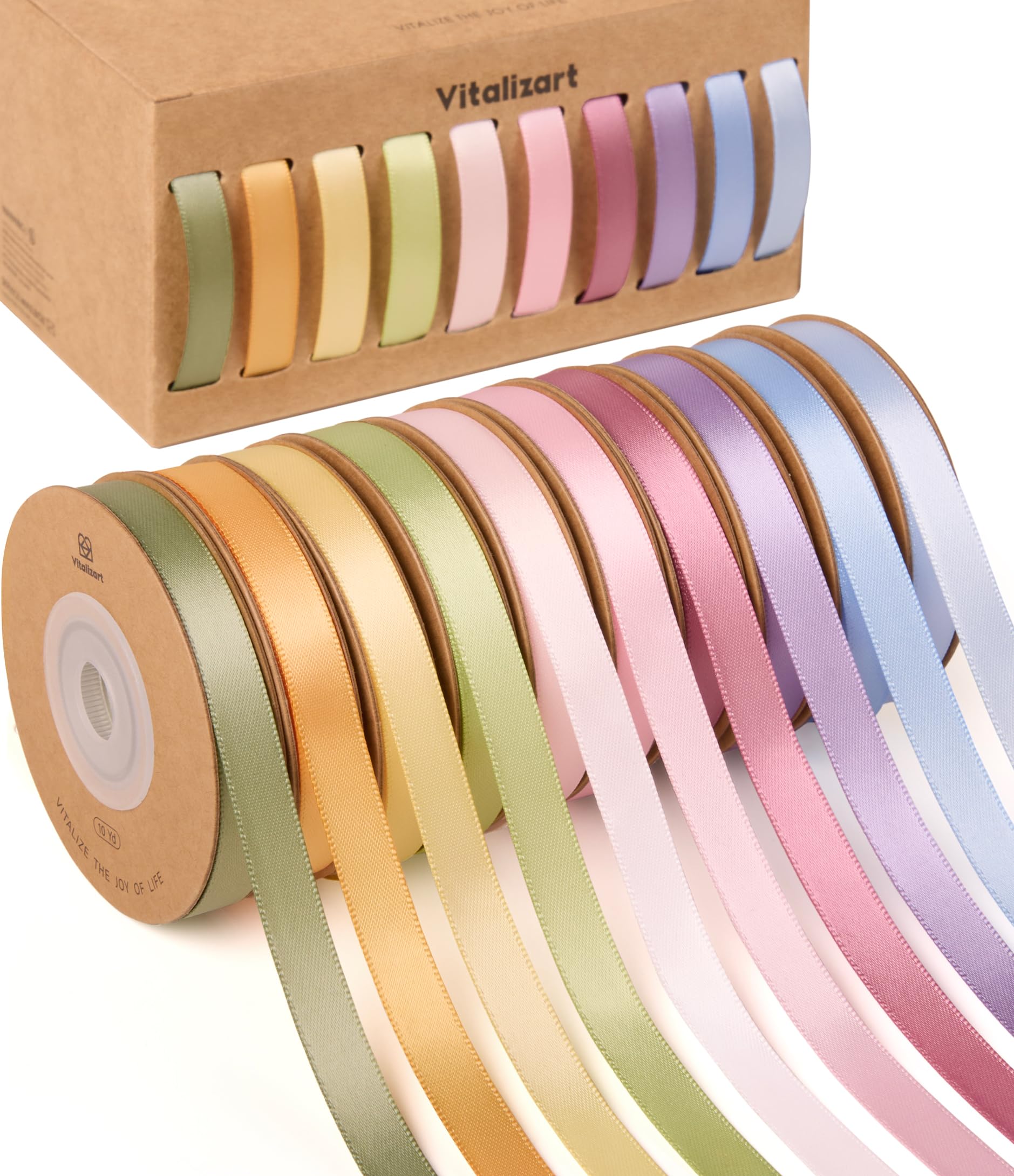 Vitalizart Satin Ribbon for Crafts 3/8'' x 100Yd (10 Rolls x 10Yd), Double Sided Pastel Fabric Ribbons for Gift Wrapping, Bows Making, Bridal Bouquet, Party Decorations