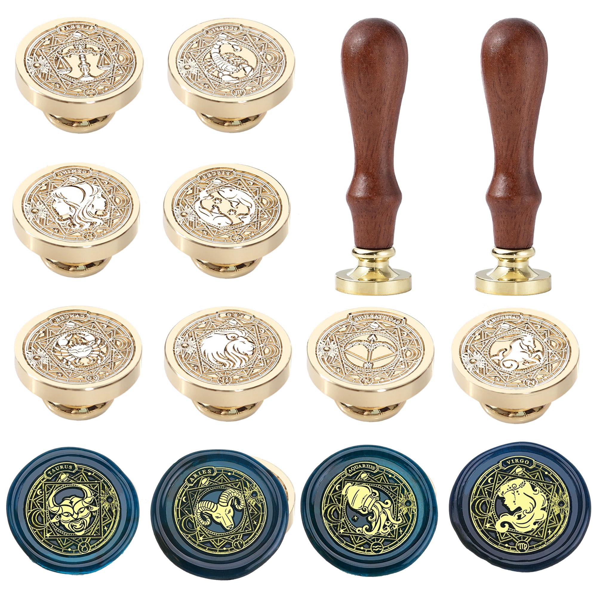 Zestaw pieczęci woskowych zodiaku, 12 szt. konstelacji, zestaw pieczęci woskowych 30 mm, retro, mosiężna pieczęć z uchwytem, do kopert zaproszeń, zestaw 12 konstelacji