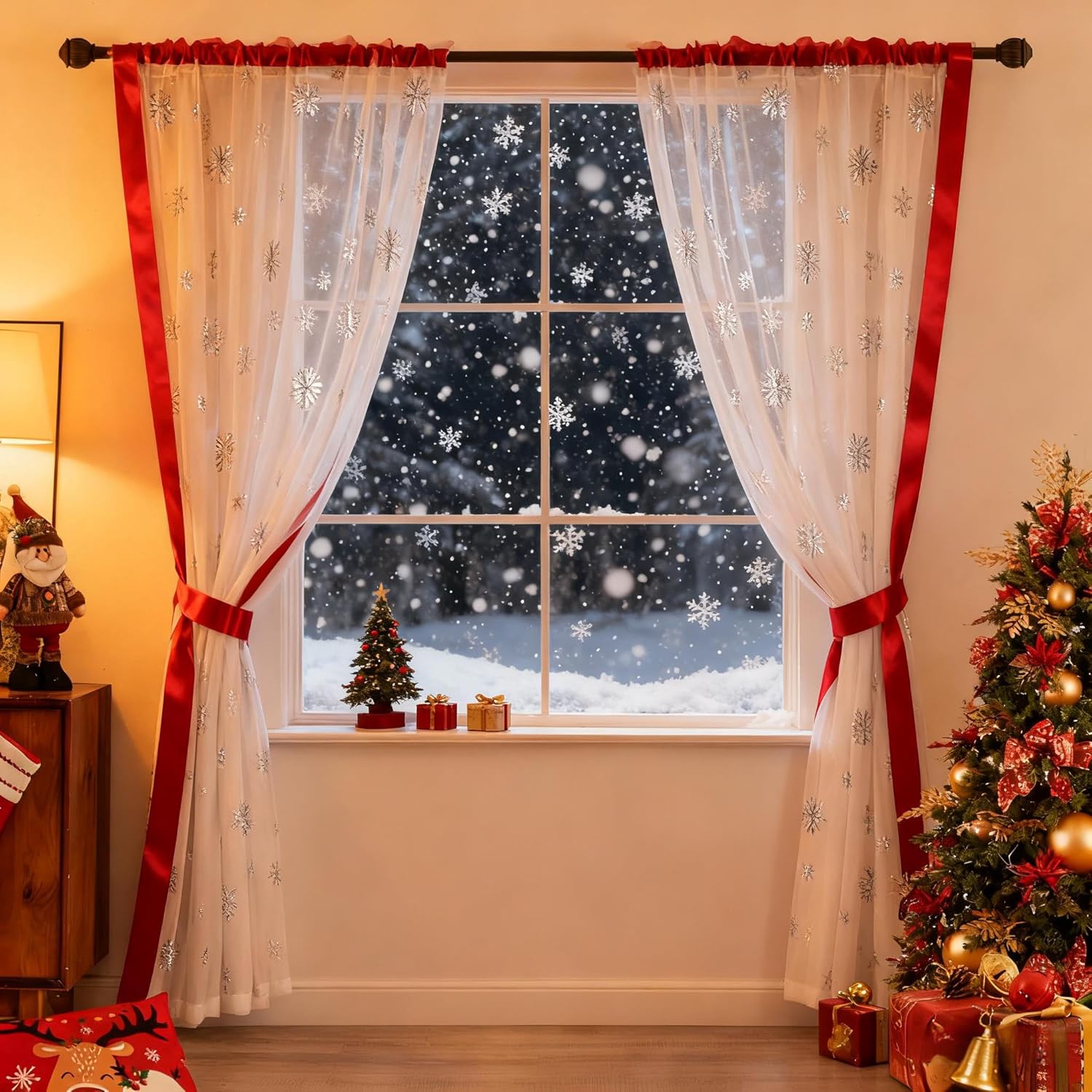 MikiUp Christmas Snowflakes Sheer Curtains, Silver Foil Printed Semi Sheer Drapes, Rod Pocket Xmas Decoration Window Treatment Panels for Bedroom Living Room, White 52 x 84 inch