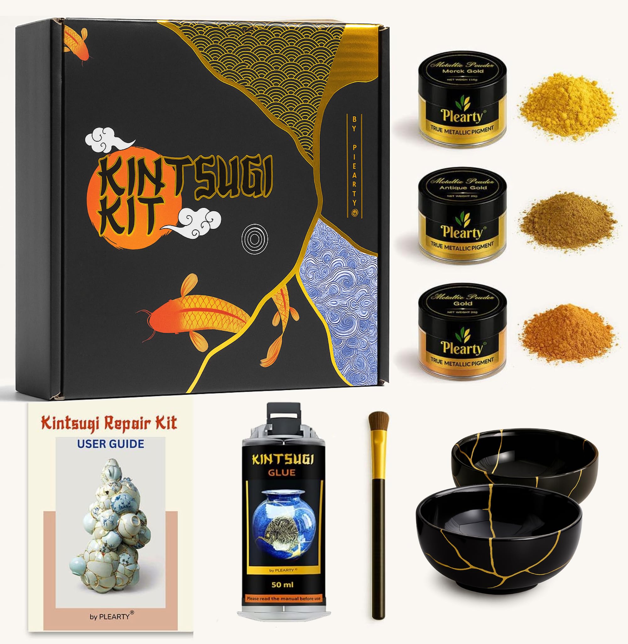 Plearty Kintsugi Repair Kit Gold Food Safe 60g Metallic Gold Mica Powder 15 Pages Booklet 2 Ceramics Mini Dip Bowls 50ml Epoxy Resin for Japanese Art DIY Craft Kit Pottery Repair Kit