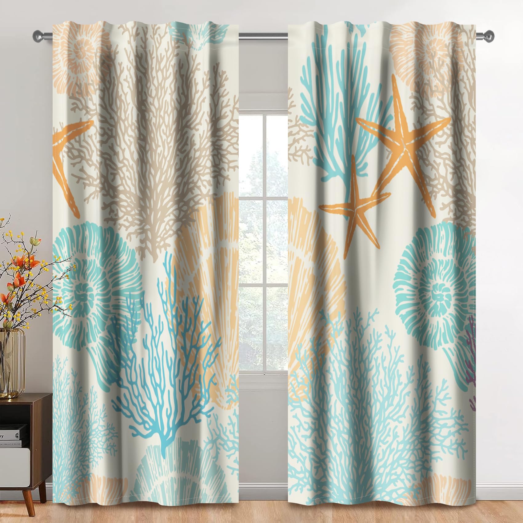 Kzzfqxb 132x214cm Rod Pocket Curtains 2 Panels, Cool Ocean Creatures Beach Seashell Conchs Corals Starfish Pattern Light Filtering Window Drapes, Light Blue Orange Decoration for Living Room Bedroom