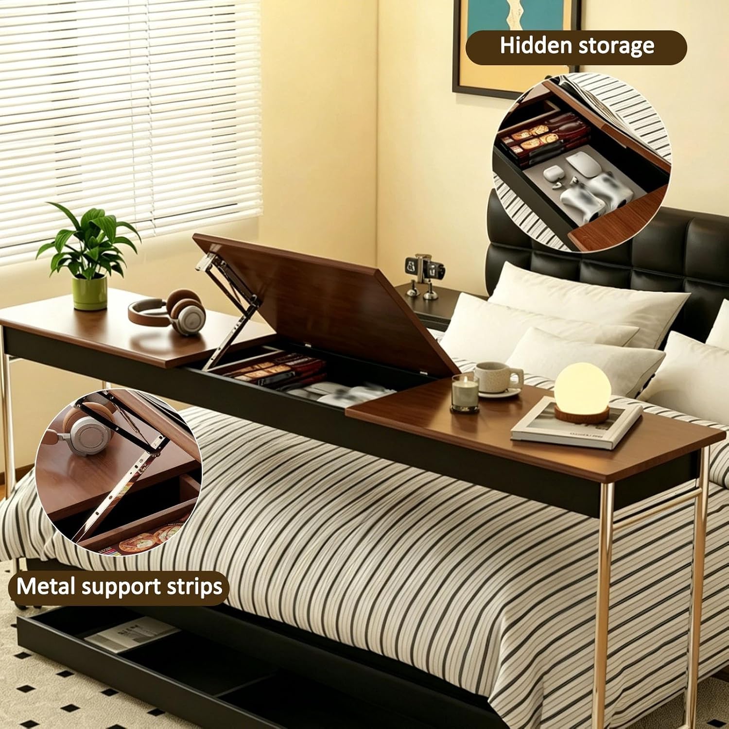 JKGHK Tiltable Storable Overbed Table with Wheels, Narrow Wood Rolling Desk with Adjustable Desktop, Mobile Cross-Bed Workstation fFor Bedroom, Hospital, Sofa Side(205cm/80.7in)