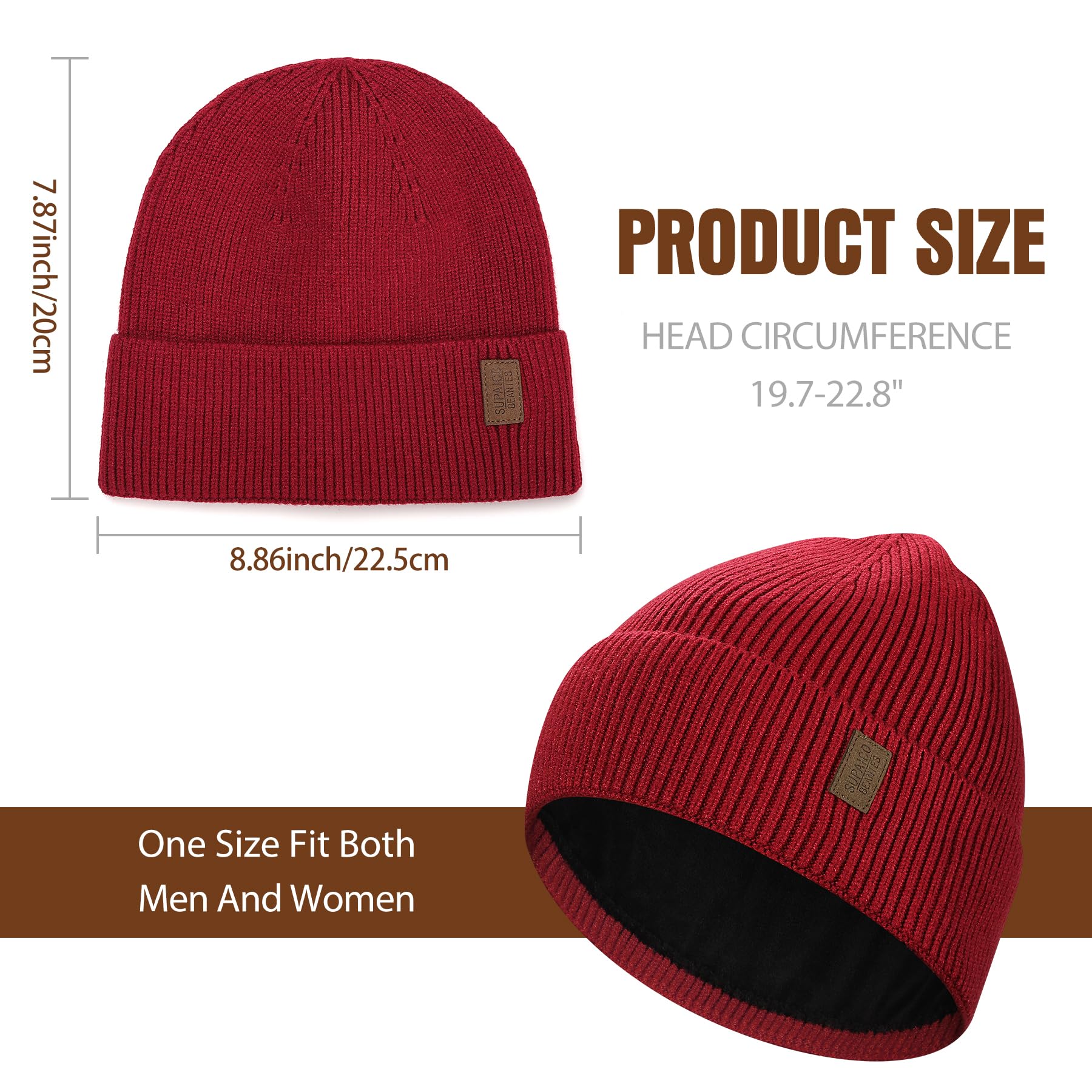 Supaico Winter Beanie Hat for Men Women Fleece Lined Knit Beanie Soft Cuffed Thick Warm Beanie Hats Unisex,Wine Red