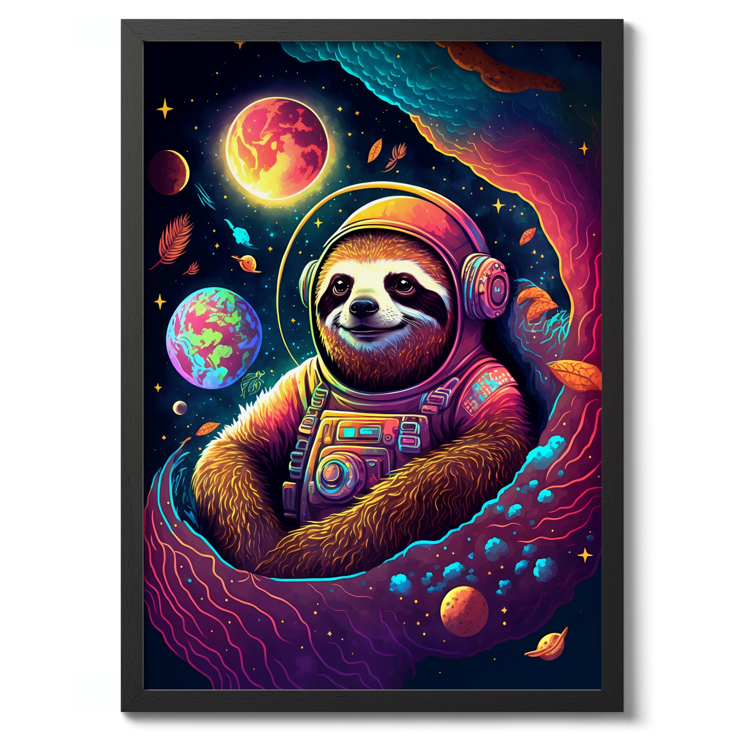 Psychedelic Space Sloth Space Poster, Colourful Abstract Astronomy Wall Art Home Decor, Astronaut Planets Print, Archival Matte, A3 (Black Frame) - 42x29.7cm — image 1