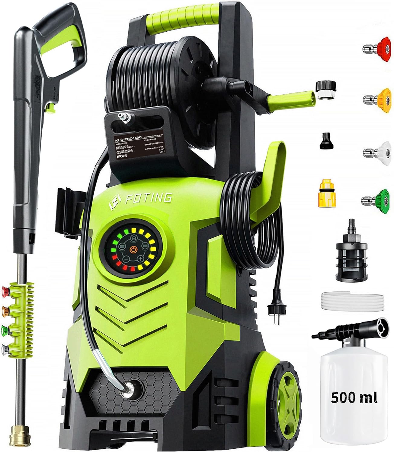 2025upgraded pressure washer 5000psi with adjustable touch screen 8 level, 34" tall, 4 quick connect nozzles,inlet hose&filter&500mlfoam cannon for cars/fences/driveways/home cleaning,yellow