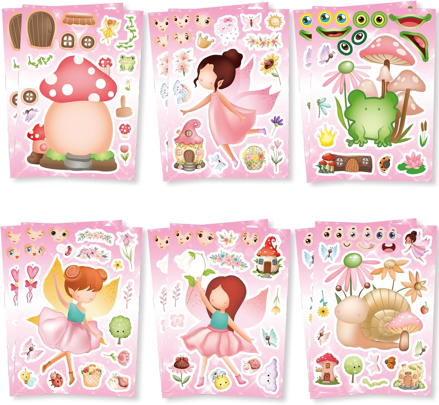 36Pcs Fairy Party Favors Stickers, Fairy Make Your Own Stickers for Kids Make a Face Sheets, Pink Mushroom Fairy Birthday Party Decorations Mix and Match Sticker Toy Party Favor Decorations for Girls