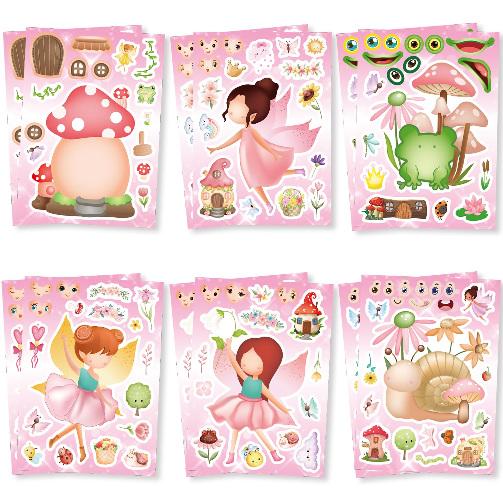 36Pcs Fairy Party Favors Stickers, Fairy Make Your Own Stickers for Kids Make a Face Sheets, Pink Mushroom Fairy Birthday Party Decorations Mix and