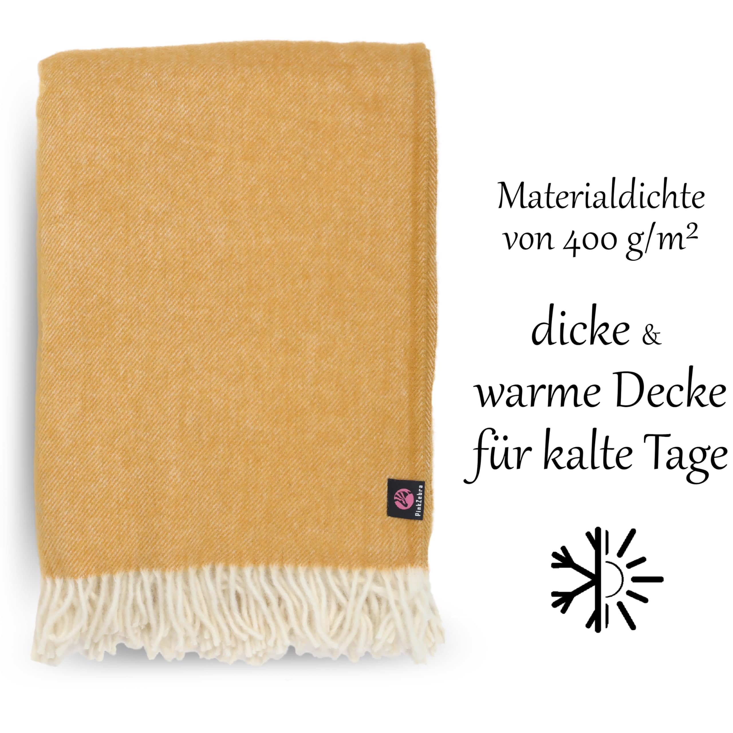 PinkZebra Sehr Warme Dicke 400 g/m² Merinowolle Decke ca. 160 x 200 cm, aus 100% Neuseeland Wolle, Tagesdecke, Kuscheldecke, Wohndecke, warme Decke mit Fransen, kuschelige Sofadecke, Honig