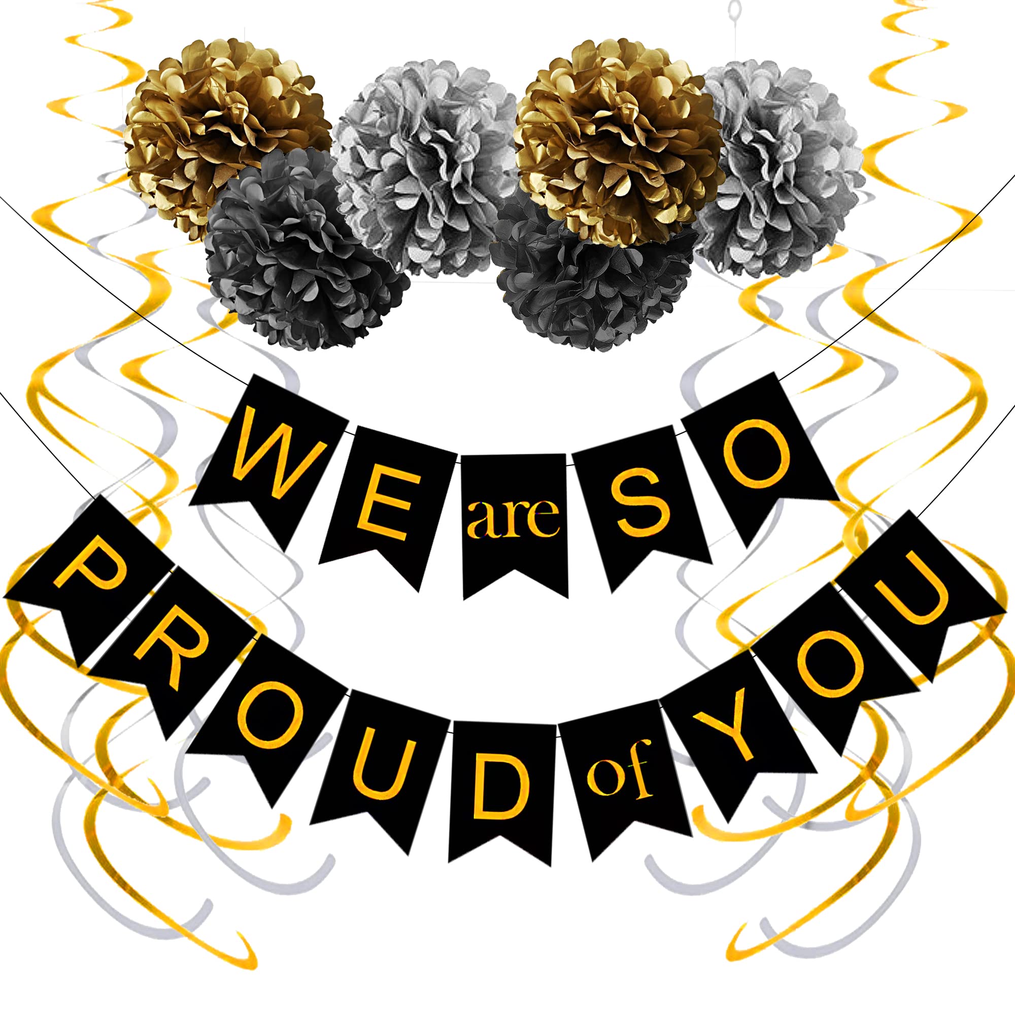 Buy We Are So Proud Of You Banner Grad Hanging Swirls Black Gold Pom