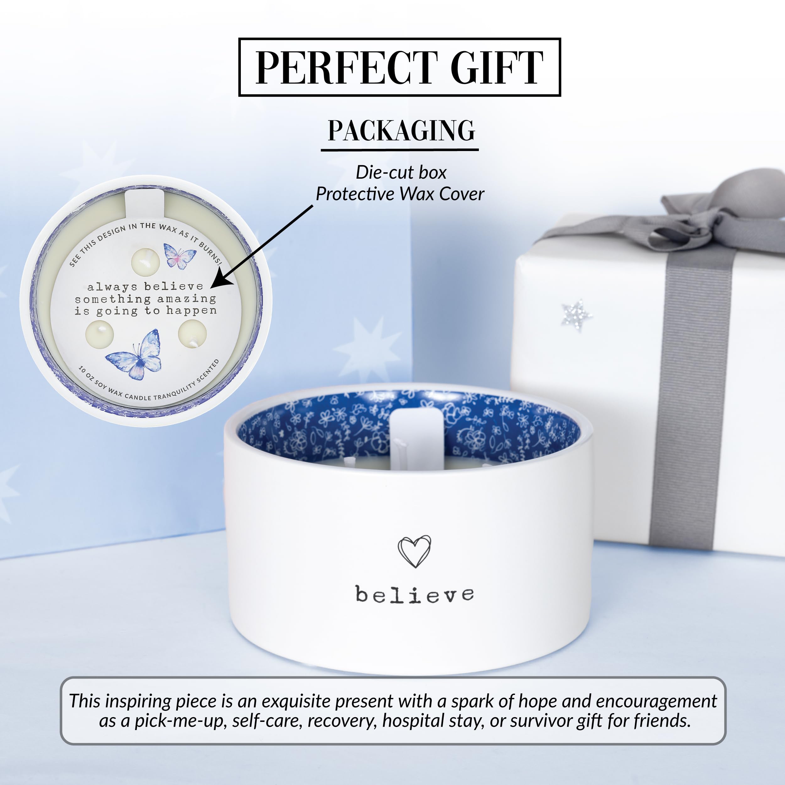 Pavilion Gift Company - Believe - Vela de cera de soja natural con mensaje oculto sorpresa de 10 onzas con aroma a jazmín, 1 unidad (paquete de 1), 5 x 2.7 pulgadas