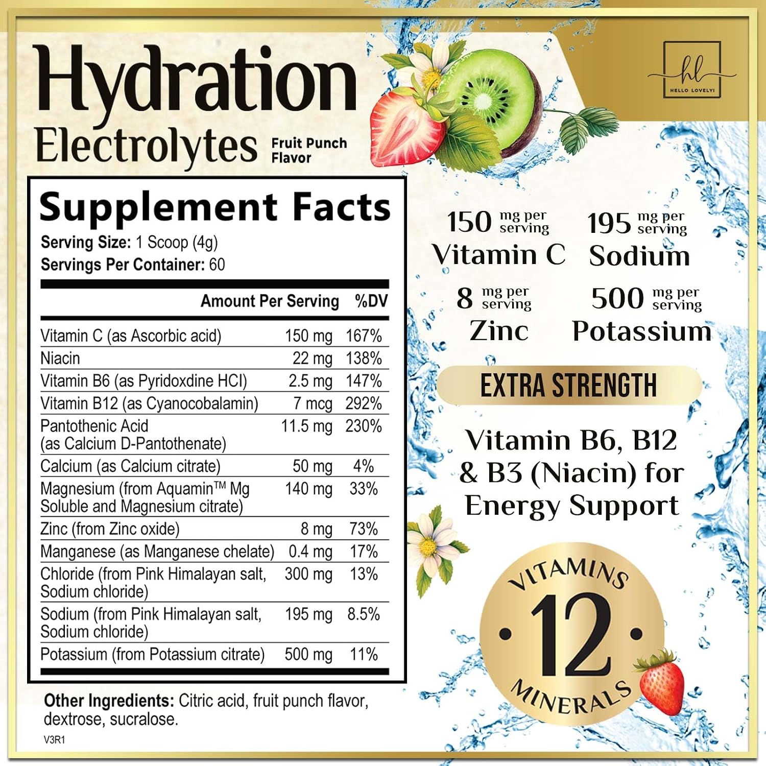 Electrolyte Powder Drink Mix – Rapid Hydration Powder with 6 Electrolytes & Minerals Daily Replenisher - Sugar-Free Fruit Punch Electrolyte Powder Tub - Zero Sugar, Keto, Vegan, Non-GMO - 60 Servings