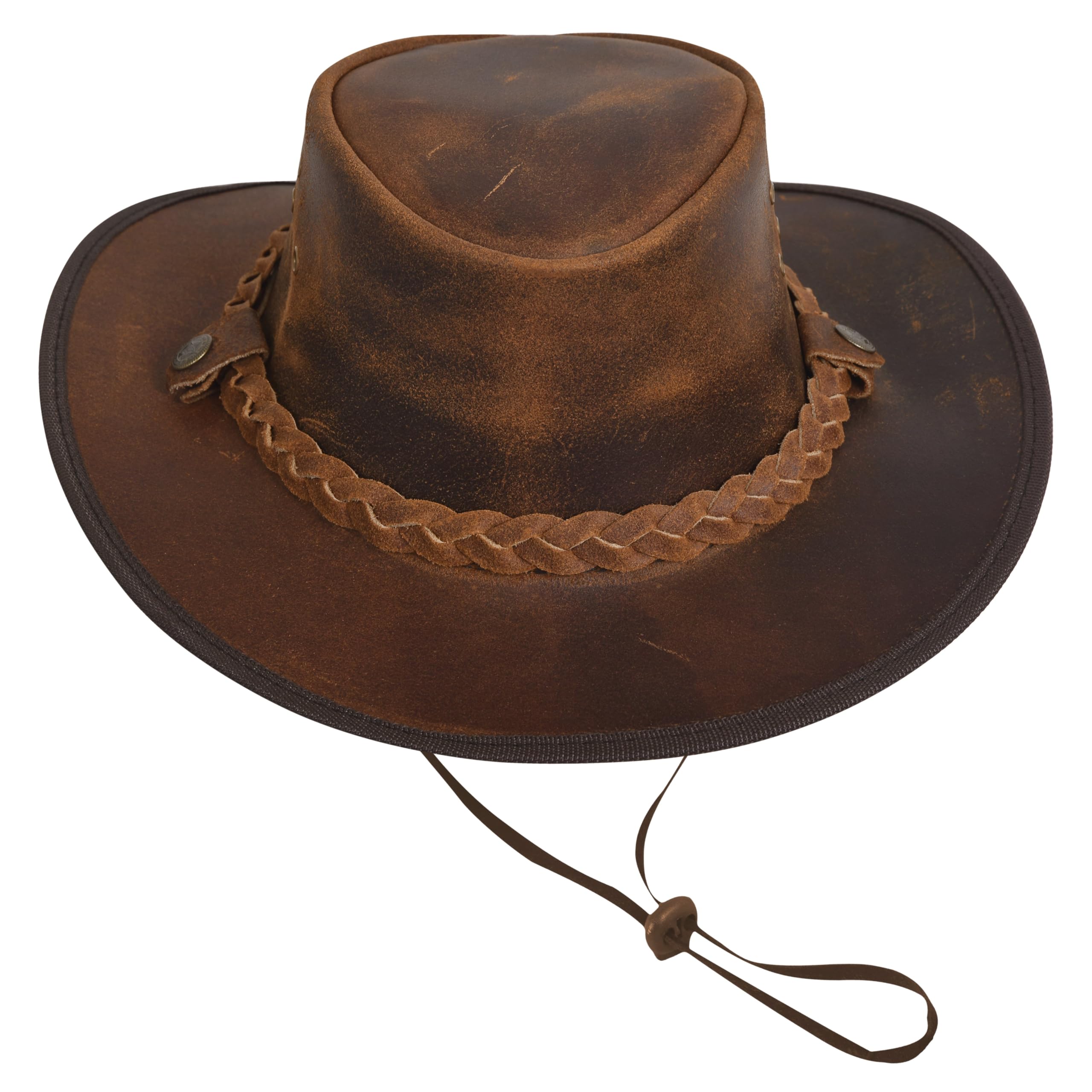 Sombrero de vaquero de cuero, estilo australiano Outback, sombreros occidentales para hombre, sombrero de ranchero de cuero con banda trenzada