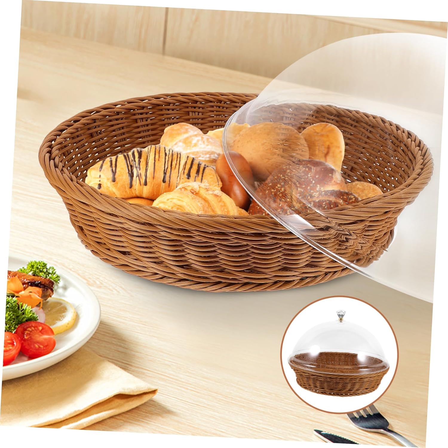 KICHOUSE Elegant Woven Rattan Bread Baskets Lids Food Serving Basket for Snack Fruit Dessert