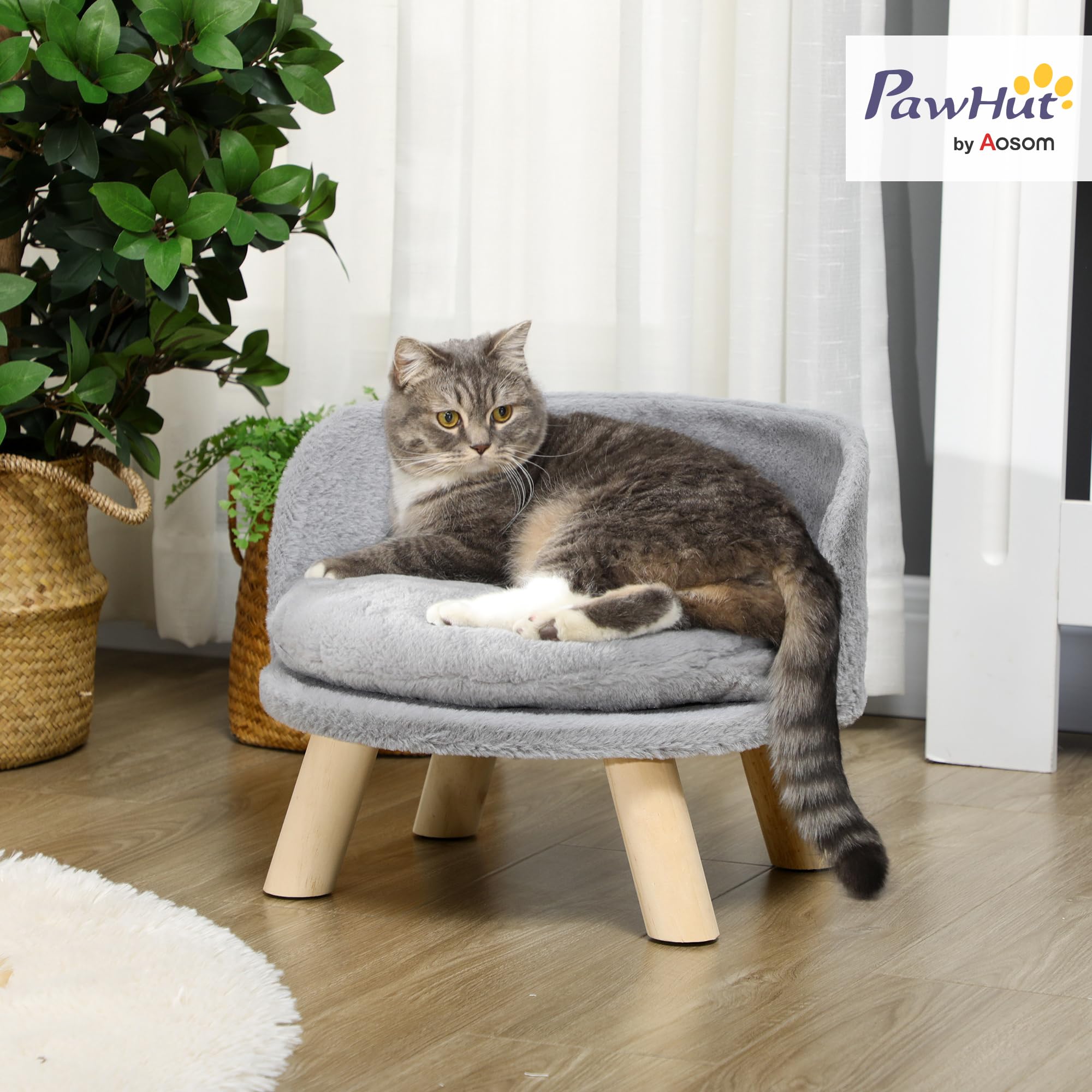 Fauteuil in teddystof met kussen - poten van massief hout - grijs