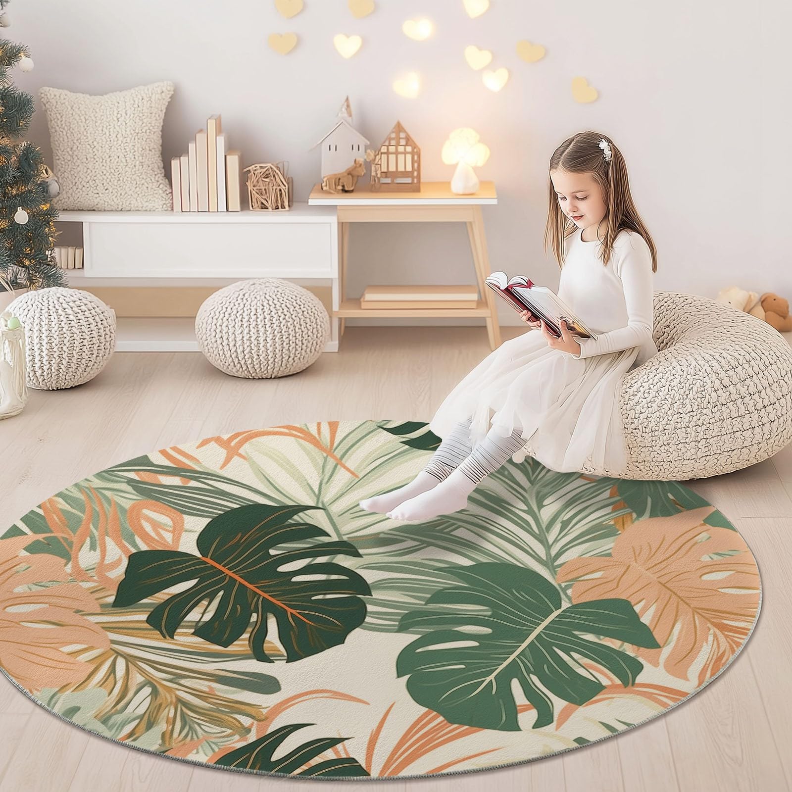 Okrągły dywan 120 cm, można prać w pralce, antypoślizgowy dywan podłogowy, niskie runo, miękki, zielony, monstera deliciosa, liście palmowe, dywan do salonu, sypialni, kuchni, pokoju dziecięcego