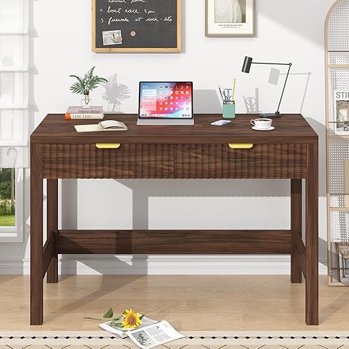 Miniatura 3 de Escritorio estriado para computadora con 2 cajones, escritorio pequeño de computadora de 39 pulgadas con almacenamiento, escritorio de estudio