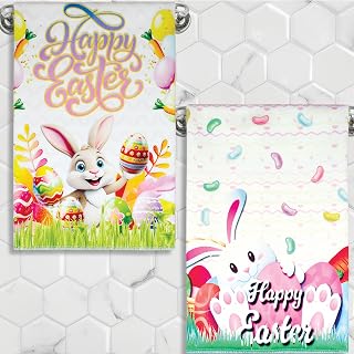 BASHOUT Easter Kitchen Towel Set | 2 Pcs, 2 Designs, Happy-Easter Towels | 26 x 17 inch, Large Size Dish and Bathroom Hand-Towels, Spring Decorations | Bunnies with Eggs and Basket Design